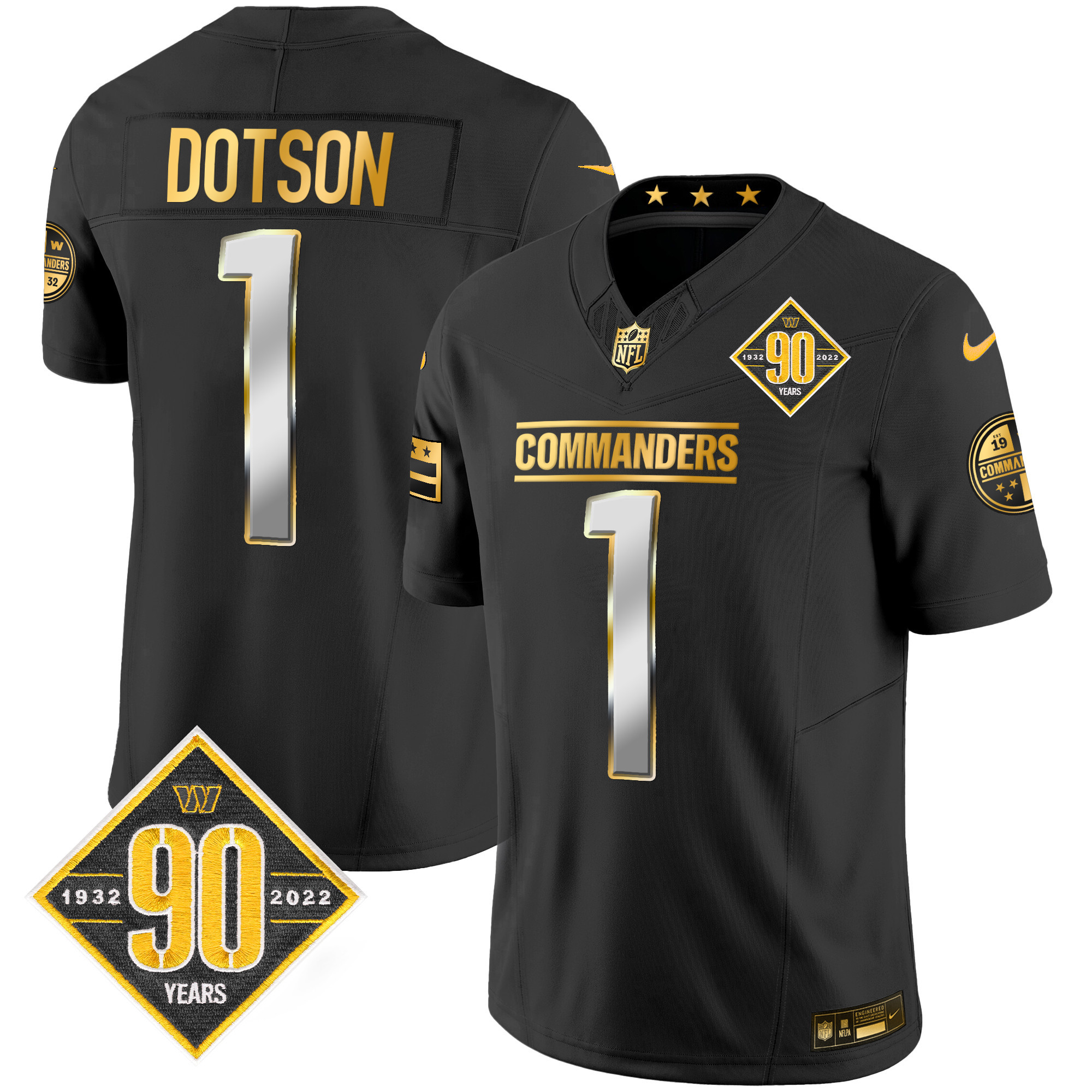 Jahan Dotson Men's Washington Commanders 90th Anniversary Patch Gold Vapor Black Limited Jersey - All Stitched 