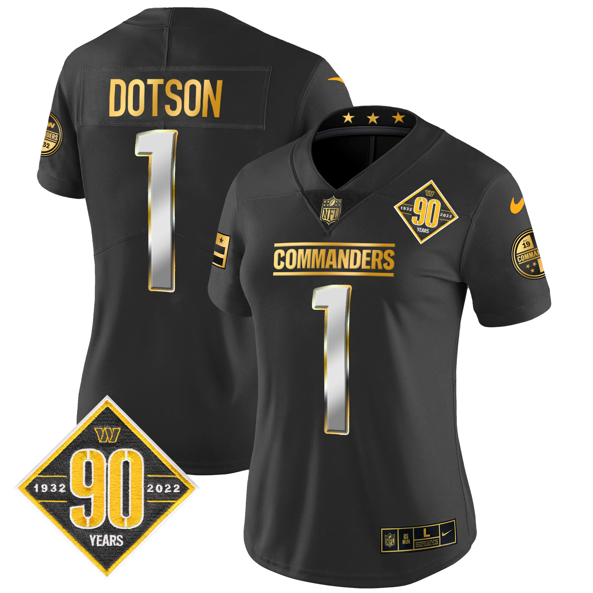 Jahan Dotson Women's Washington Commanders 90th Anniversary Patch Gold Vapor Black Limited Jersey - All Stitched 