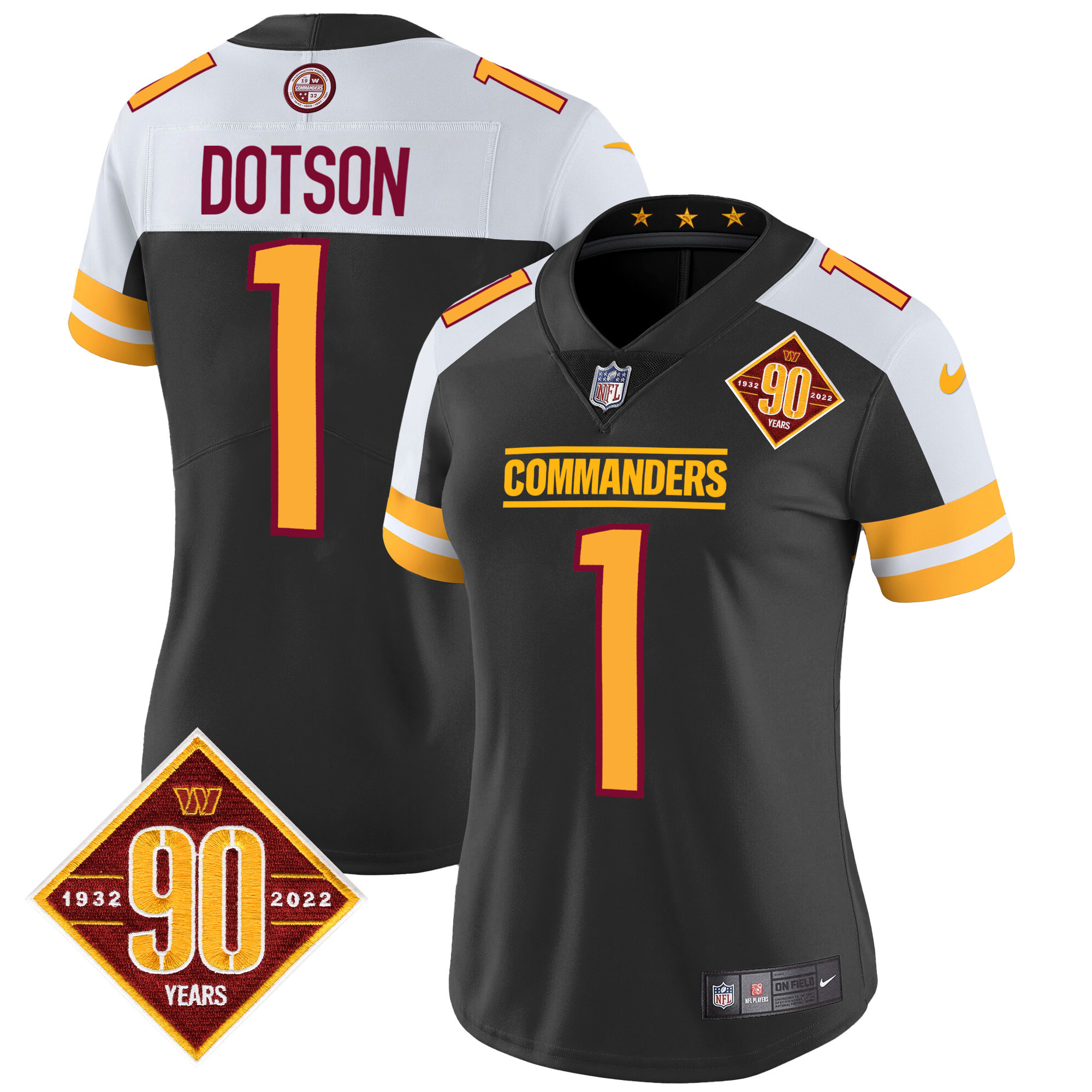 Jahan Dotson Women's Washington Commanders 90th Anniversary Patch Vapor Black Alternate Jersey - All Stitched 