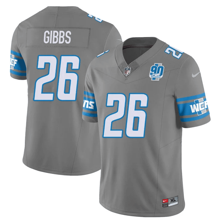 Jahmyr Gibbs Men’s Detroit Lions 90th Year Patch Vapor Gray Jersey - All Stitched 