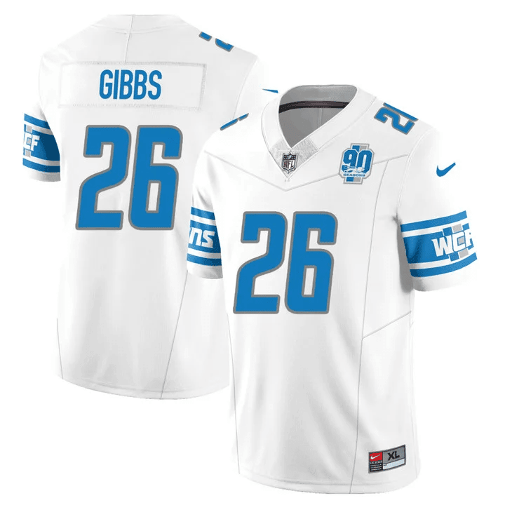 Jahmyr Gibbs Men’s Detroit Lions 90th Year Patch Vapor White Jersey - All Stitched 