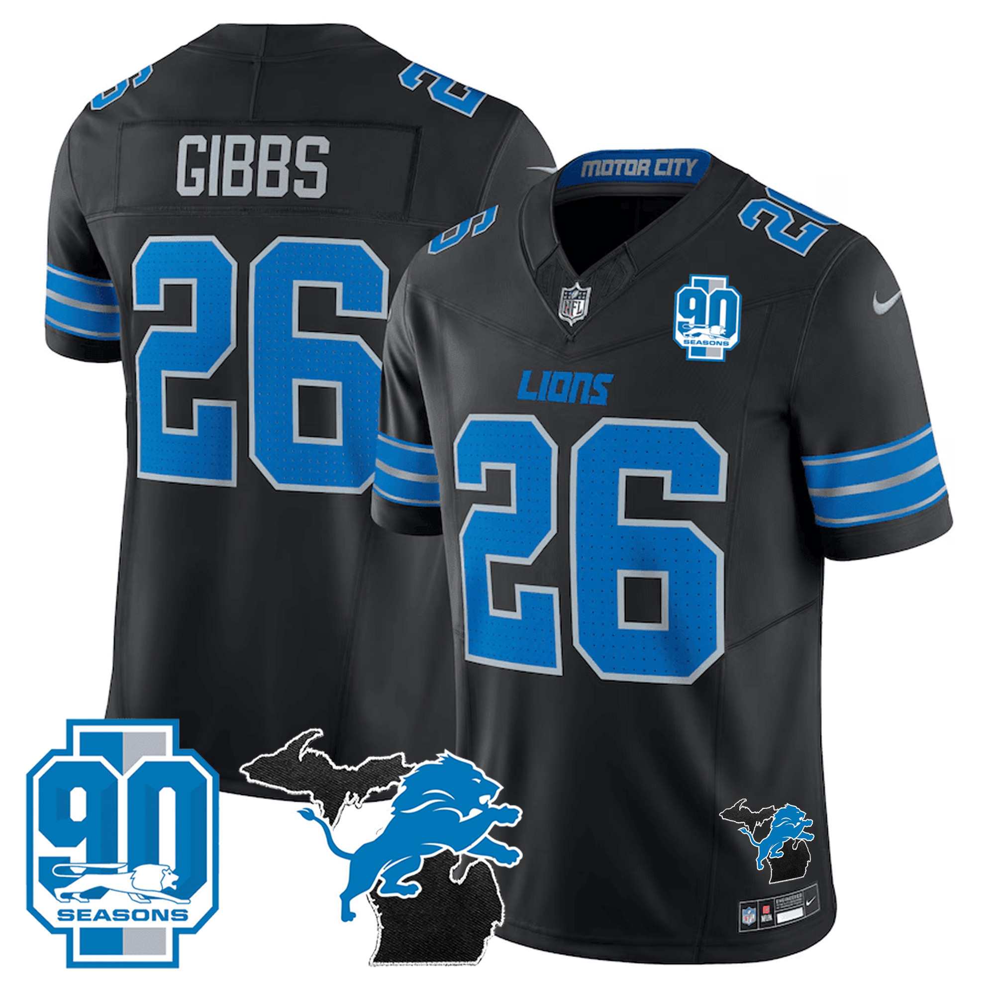 Jahmyr Gibbs Men's Detroit Lions 2024 Michigan & 90th Year Patch Vapor Black Jersey - All Stitched 