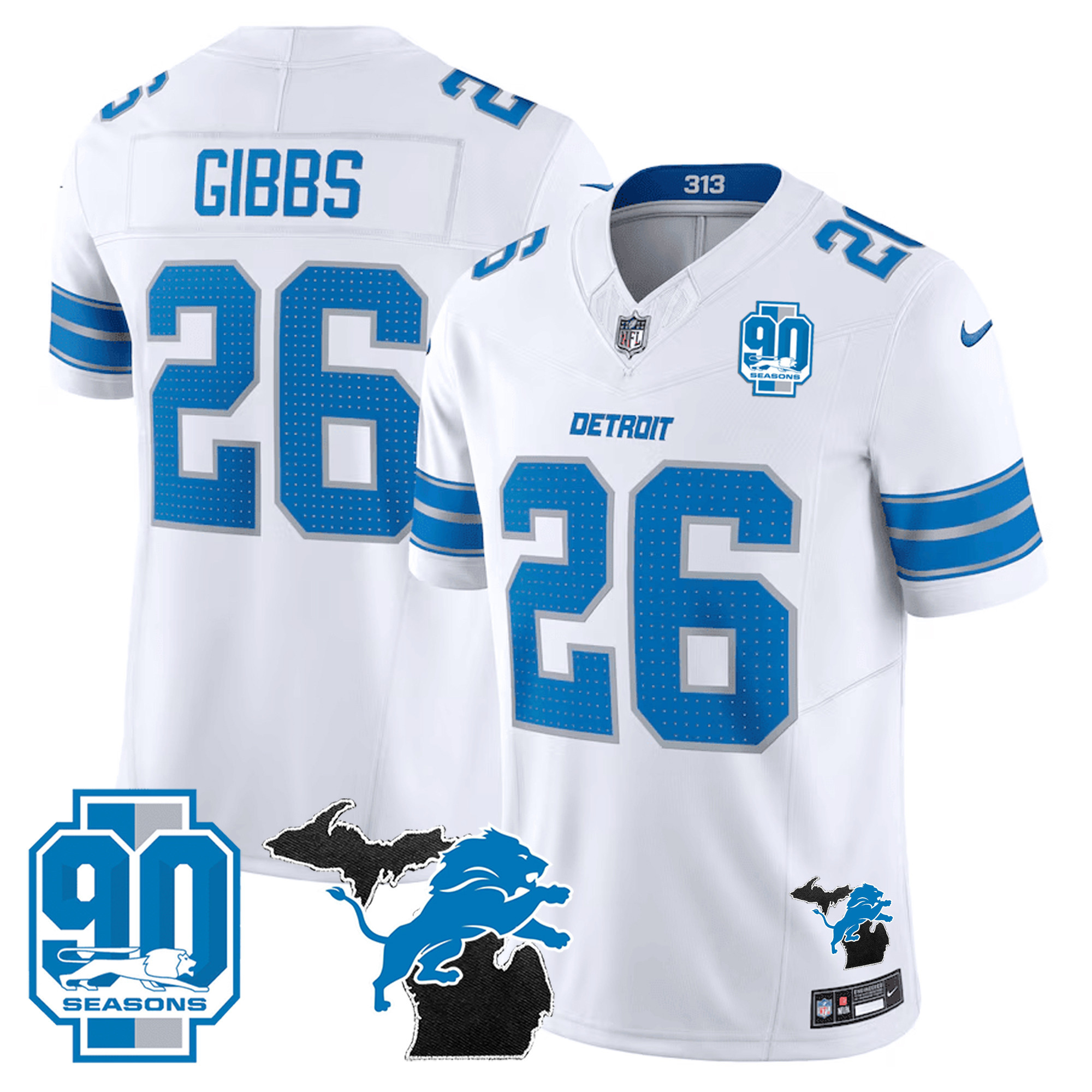 Jahmyr Gibbs Men's Detroit Lions 2024 Michigan & 90th Year Patch Vapor White Jersey - All Stitched 