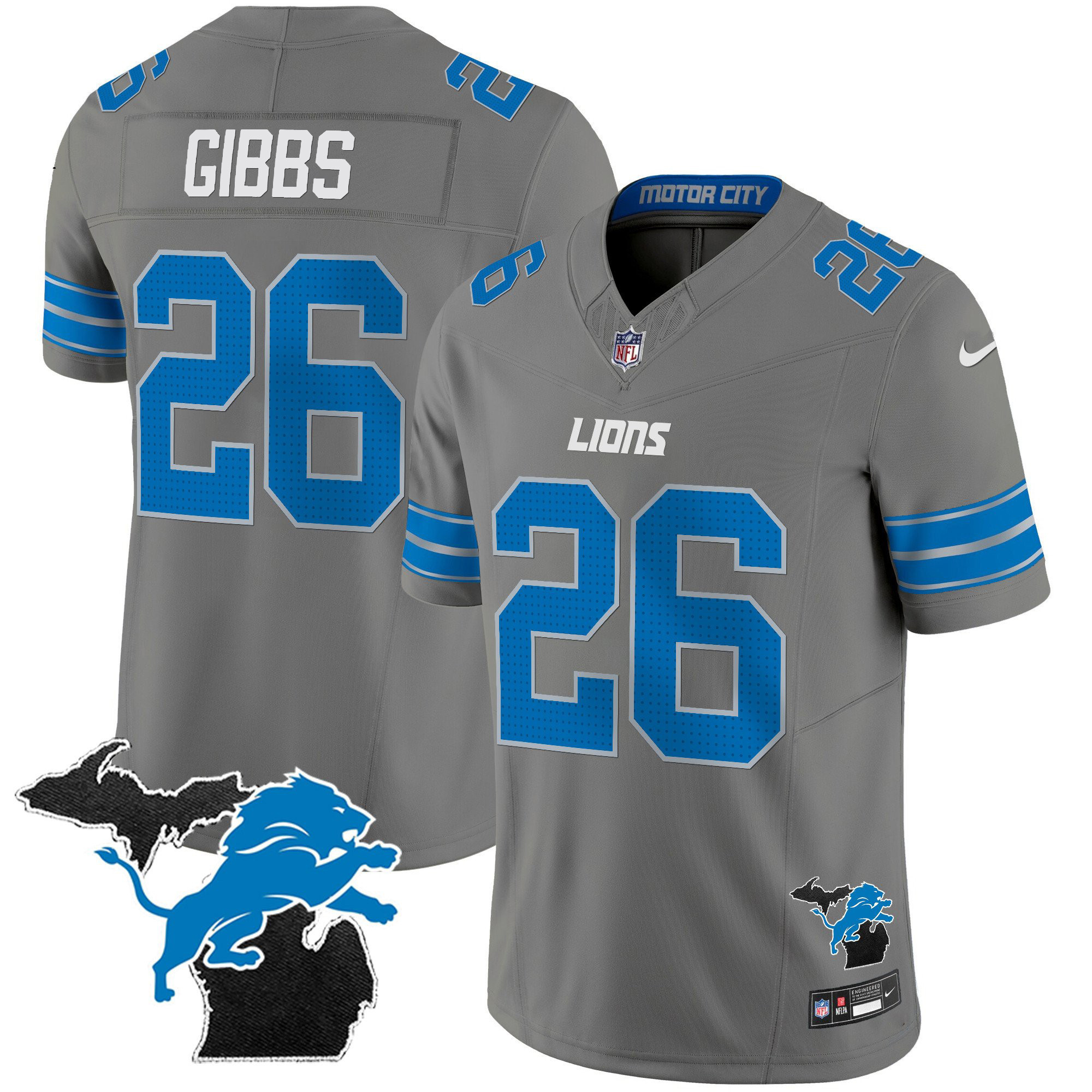 Jahmyr Gibbs Men's Detroit Lions 2024 Michigan Patch Vapor Limited Gray Jersey - All Stitched 