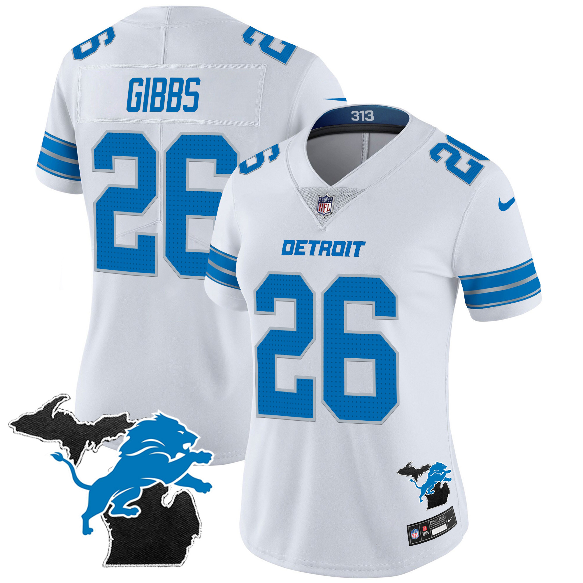 Jahmyr Gibbs Women's Detroit Lions 2024 Michigan Patch Vapor White Jersey - All Stitched 