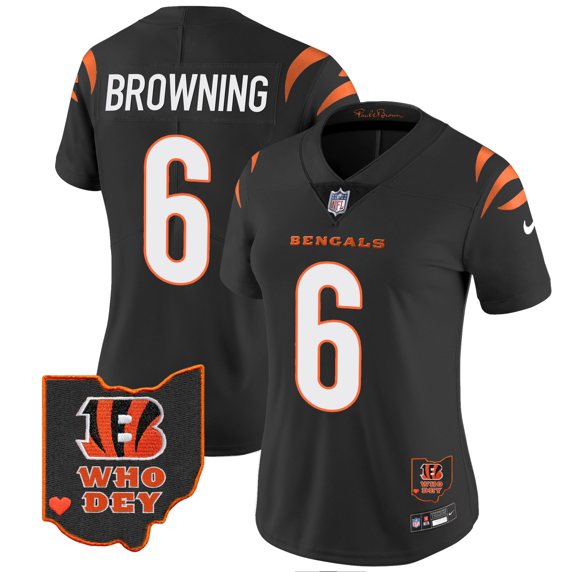 Jake Browning Women's Cincinnati Bengals Ohio Patch Vapor Limited Black Jersey - All Stitched 