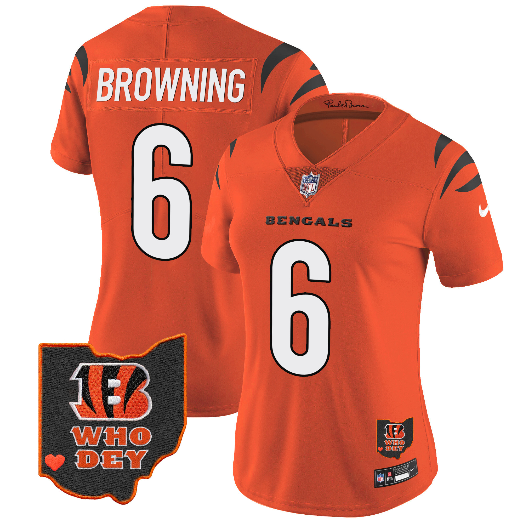 Jake Browning Women's Cincinnati Bengals Ohio Patch Vapor Limited Orange Jersey - All Stitched 