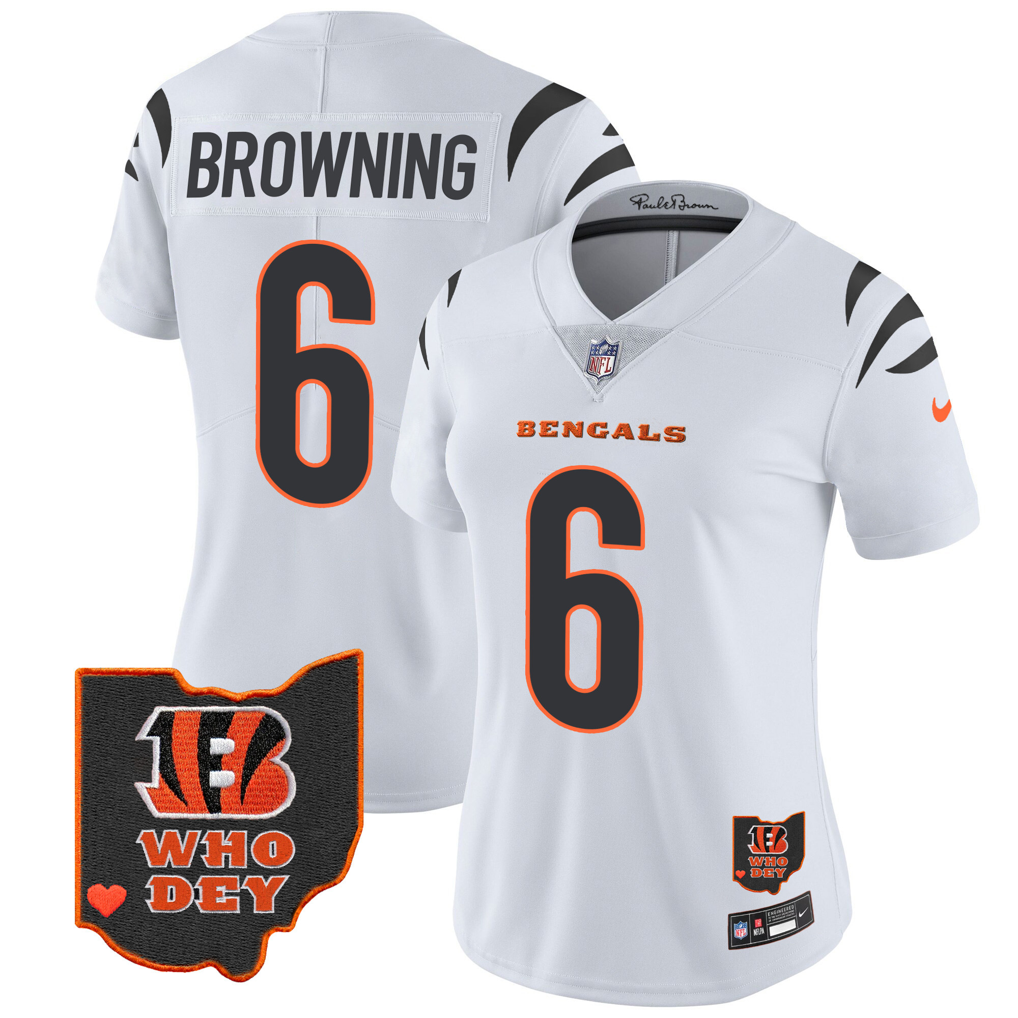 Jake Browning Women's Cincinnati Bengals Ohio Patch Vapor Limited White Jersey - All Stitched 