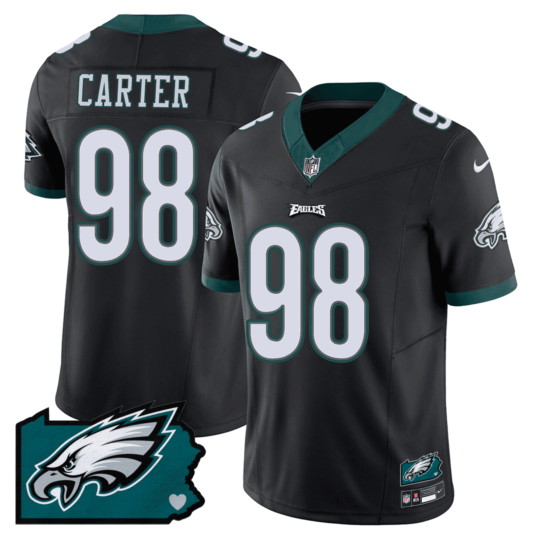 Jalen Carter Men's Philadelphia Eagles Pennsylvania State Map Patch Black Jersey - All Stitched