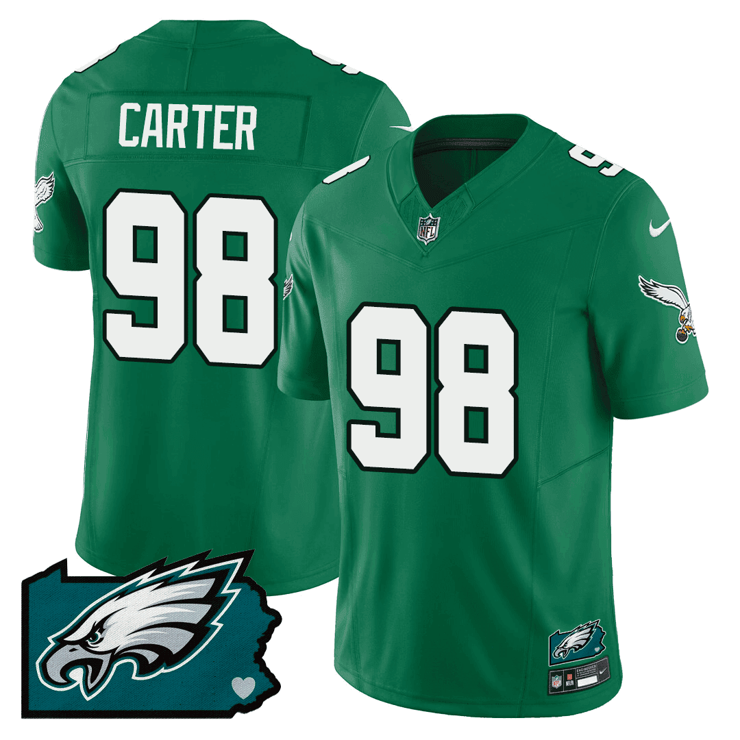 Jalen Carter Men's Philadelphia Eagles Pennsylvania State Map Patch Kelly Green Jersey - All Stitched