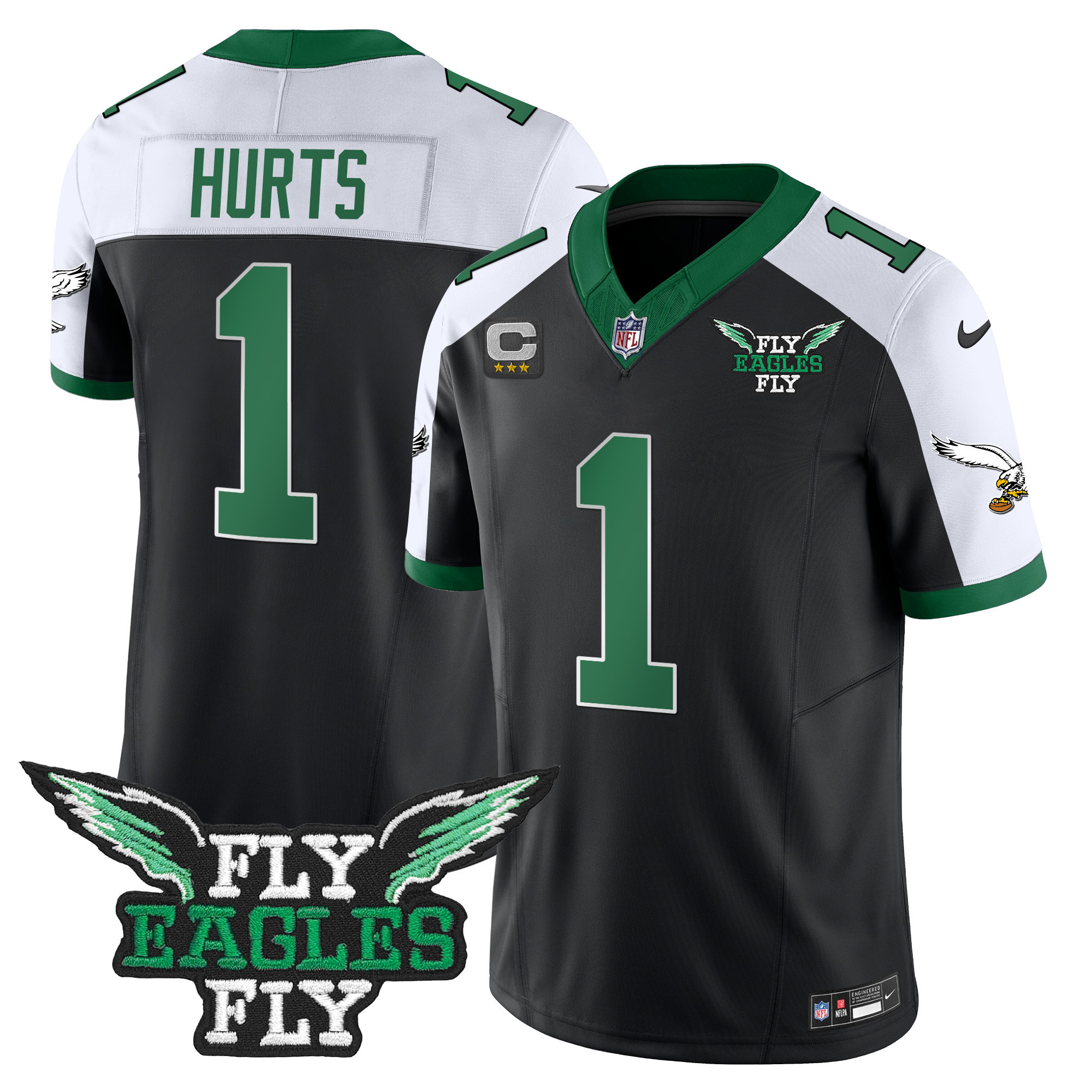 Jalen Hurts Men's Fly Philadelphia Eagles Fly Patch Throwback Kelly Green Vapor Black Alternate Jersey - All Stitched