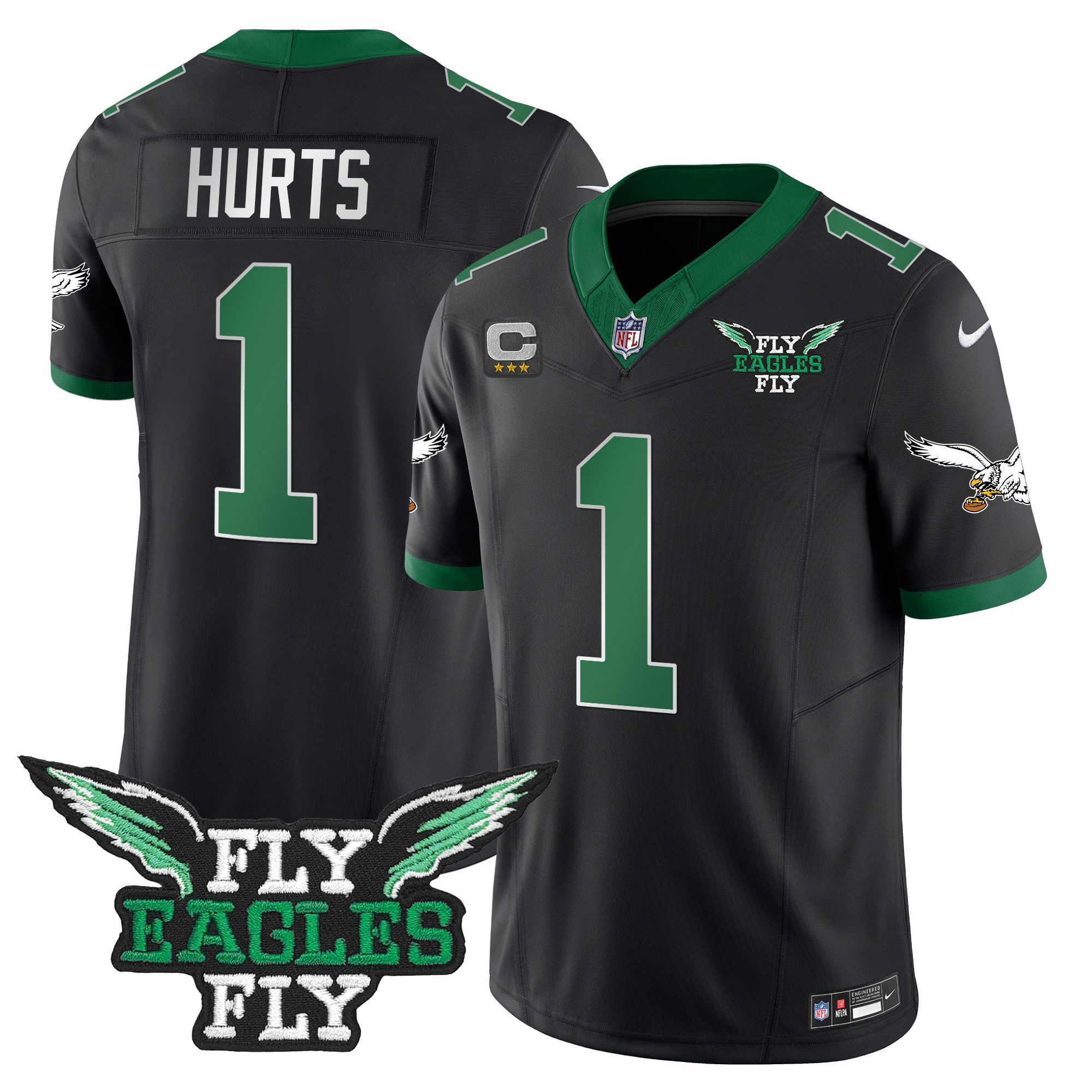 Jalen Hurts Men's Fly Philadelphia Eagles Fly Patch Throwback Kelly Green Vapor Black Jersey - All Stitched