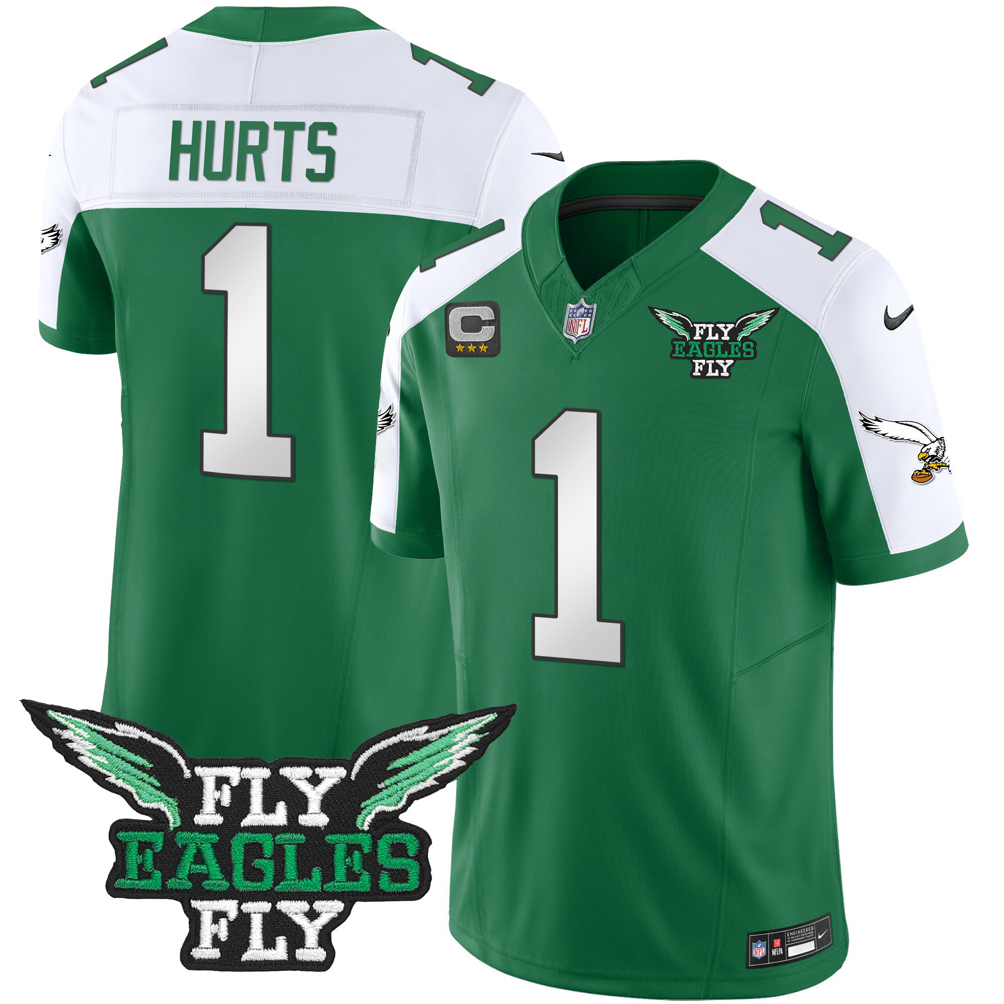 Jalen Hurts Men's Fly Philadelphia Eagles Fly Patch Throwback Kelly Green Vapor Kelly Alternate Jersey - All Stitched
