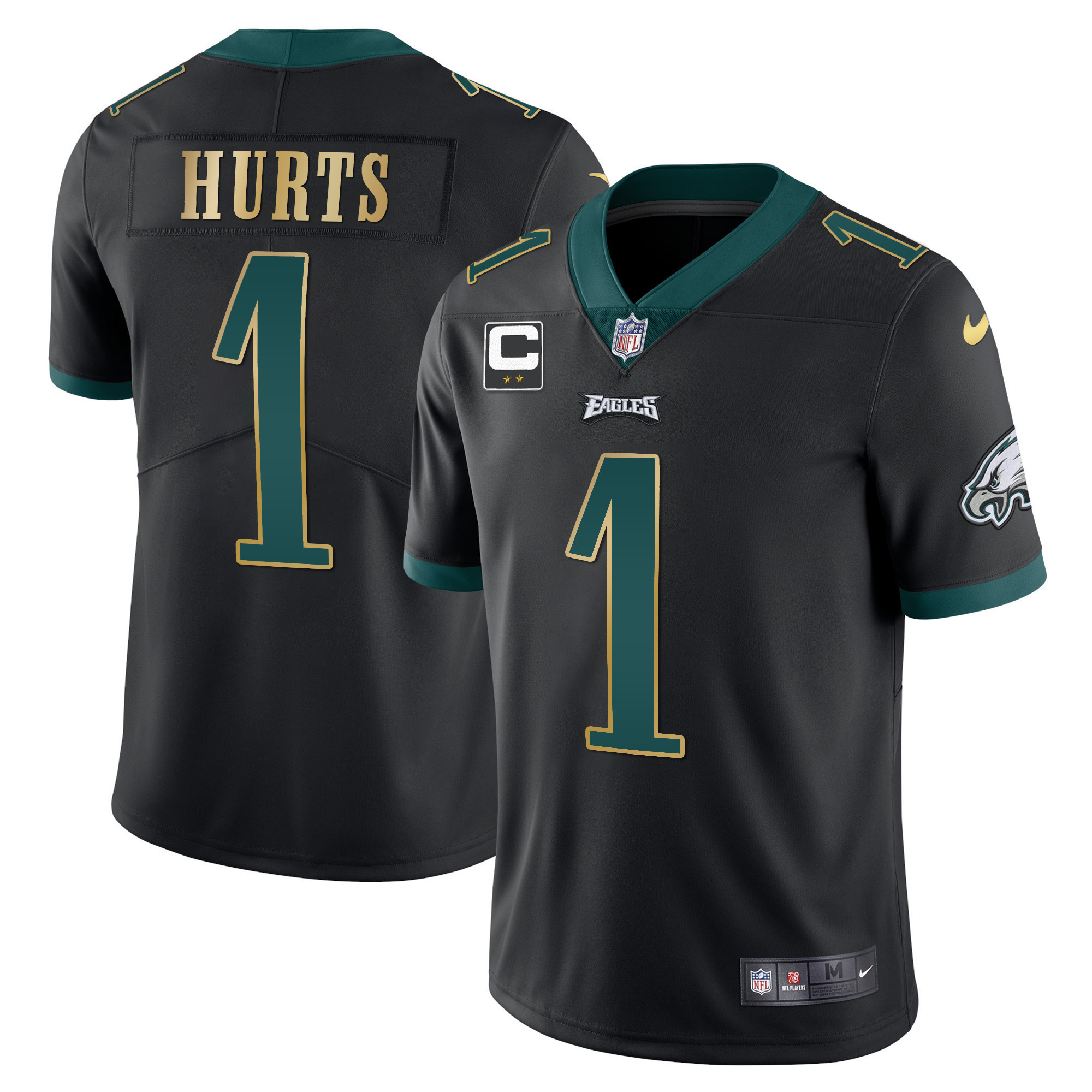 Jalen Hurts Men's Philadelphia Eagles Gold Trim Vapor Player Black Gold Trim Jersey - All Stitched