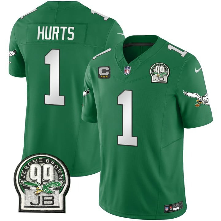 Jalen Hurts Men's Philadelphia Eagles Jerome Brown Patch Kelly Green Alternate V2 Jersey - All Stitched