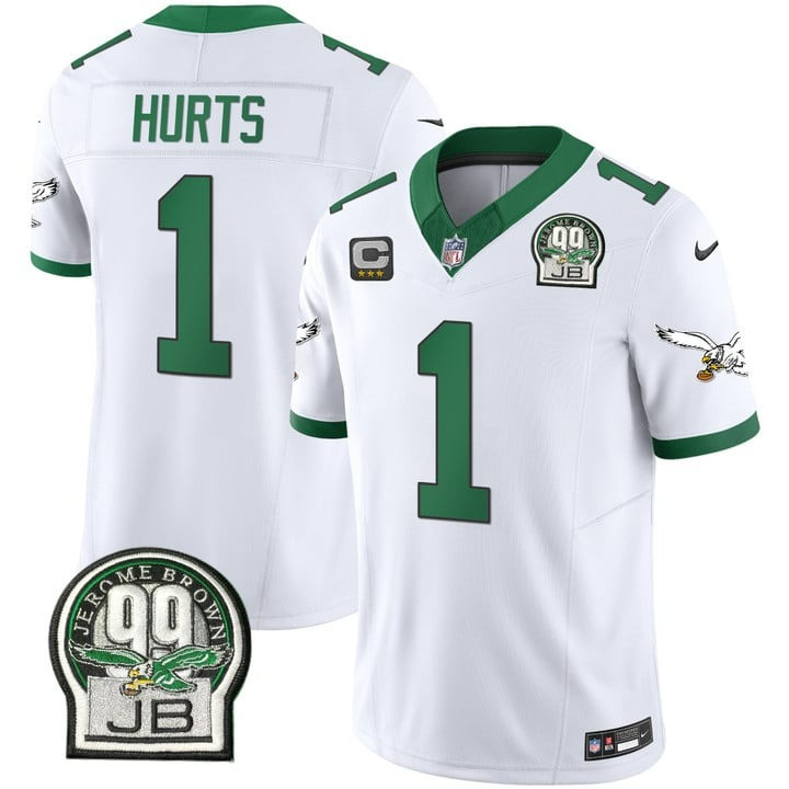 Jalen Hurts Men's Philadelphia Eagles Jerome Brown Patch Kelly Green Alternate V2 Kelly White Jersey - All Stitched