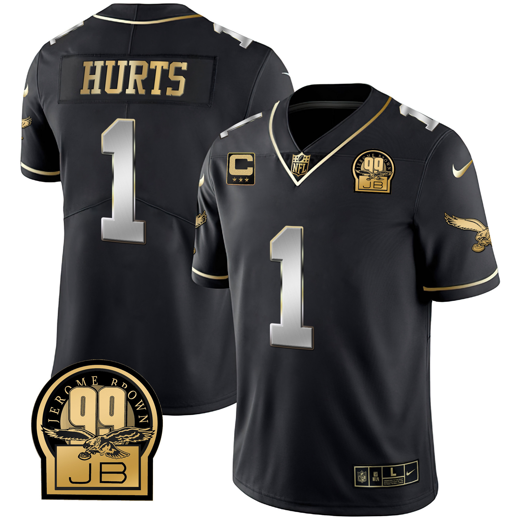 Jalen Hurts Men's Philadelphia Eagles Jerome Brown Retired Patch Gold & Kelly Black Limited Jersey - All Stitched