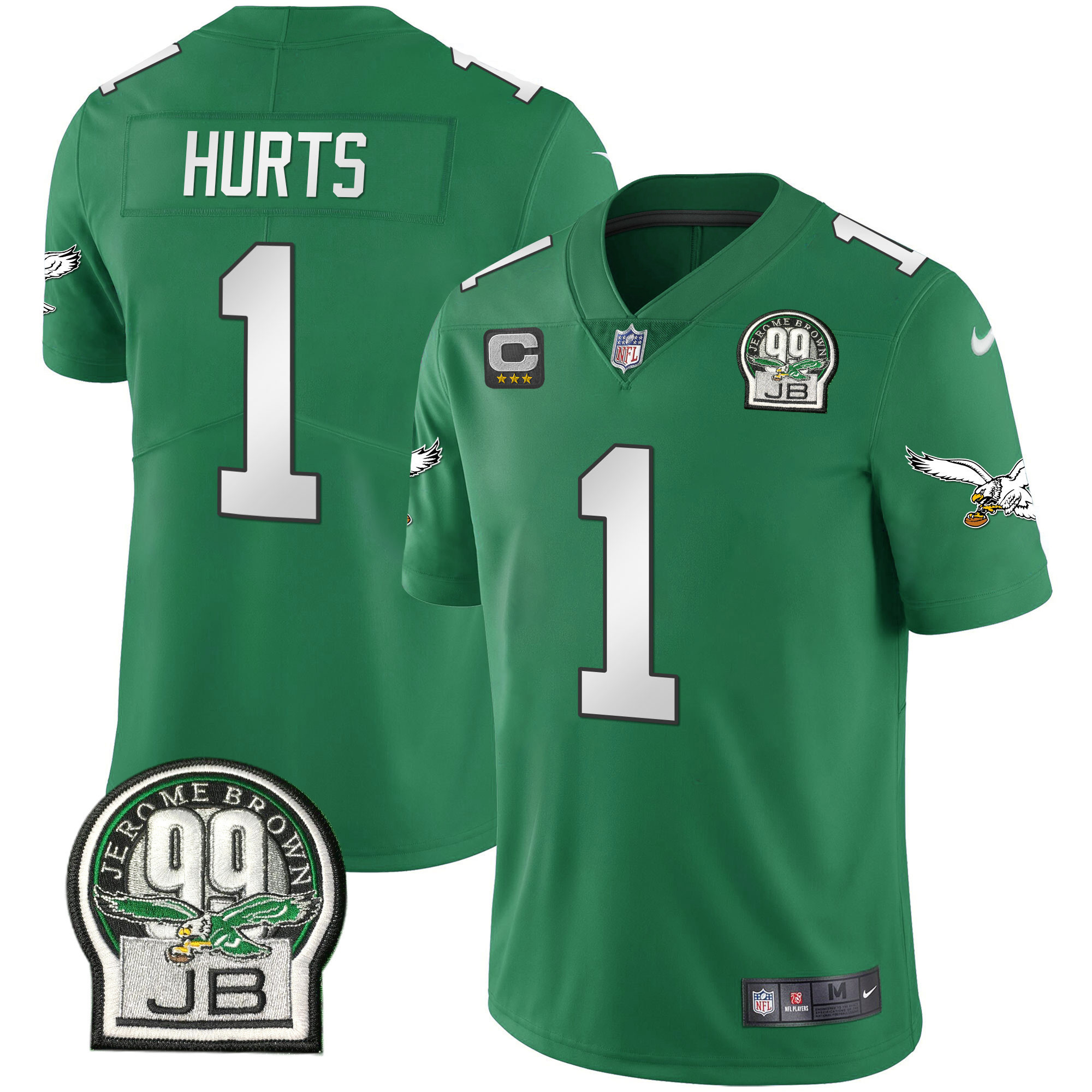 Jalen Hurts Men's Philadelphia Eagles Jerome Brown Retired Patch Gold & Kelly Kelly Green Jersey - All Stitched