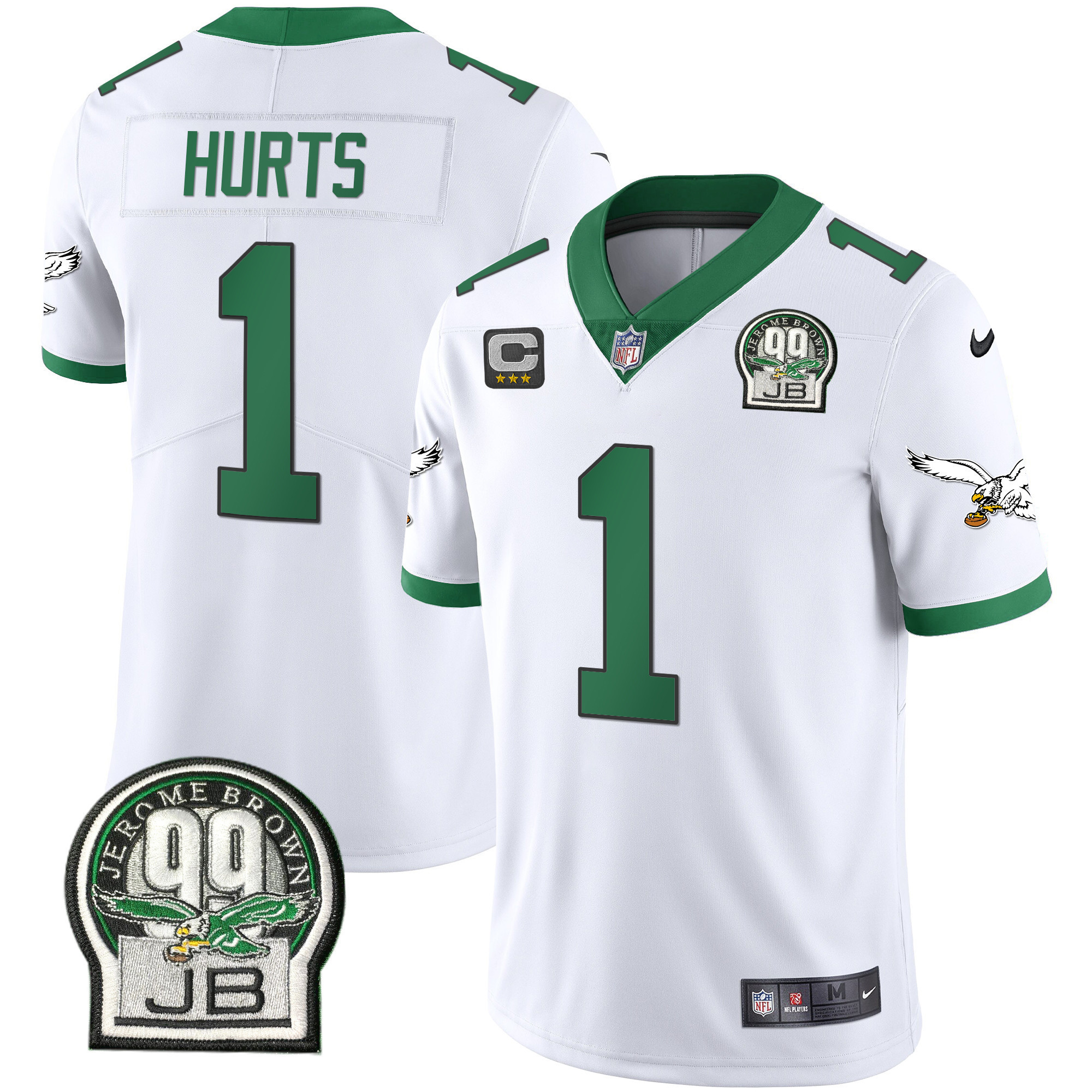 Jalen Hurts Men's Philadelphia Eagles Jerome Brown Retired Patch Gold & Kelly Kelly White Jersey - All Stitched