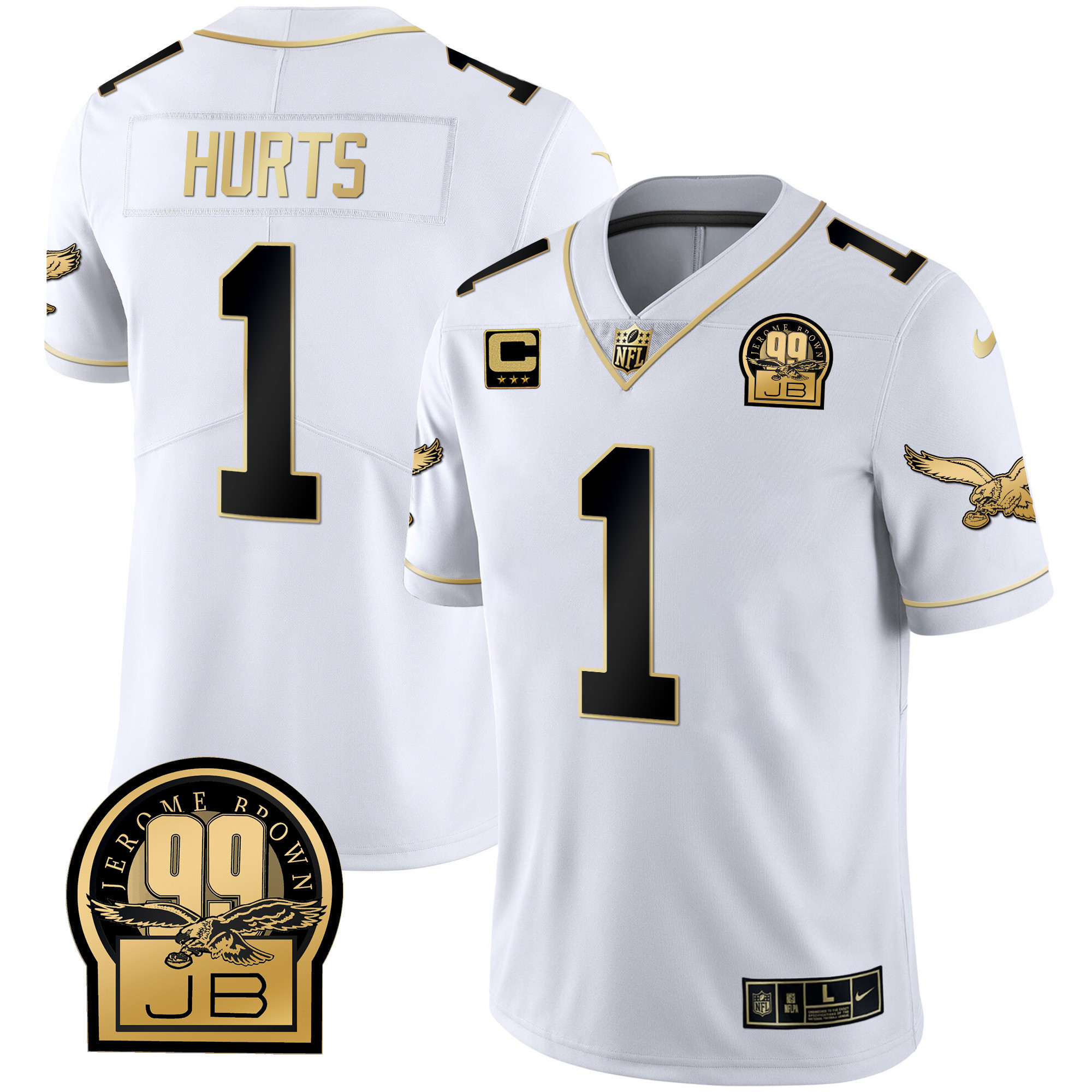 Jalen Hurts Men's Philadelphia Eagles Jerome Brown Retired Patch Gold & Kelly White Gold Jersey - All Stitched