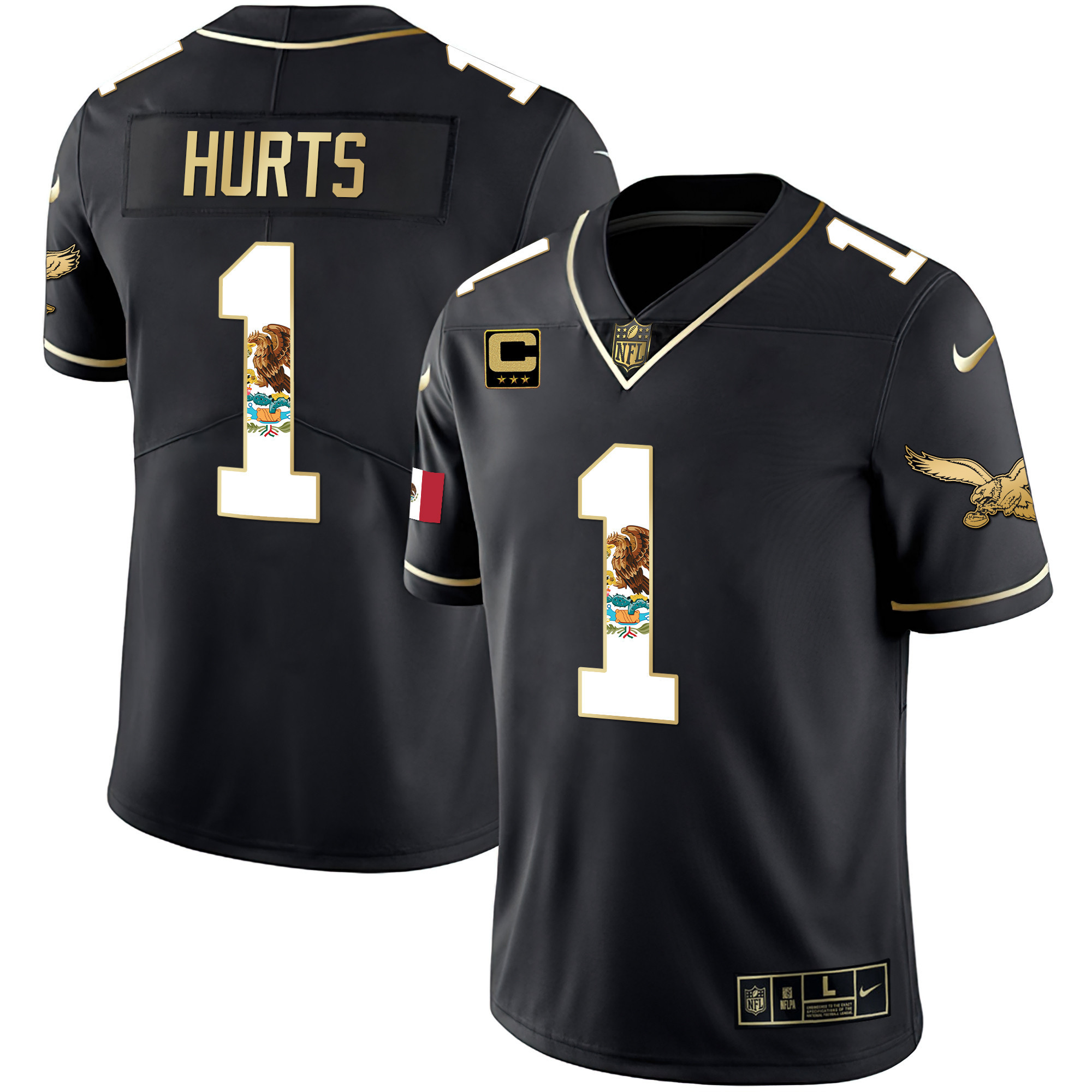 Jalen Hurts Men's Philadelphia Eagles Mexico Gold & Kelly Vapor Black Gold Jersey - All Stitched