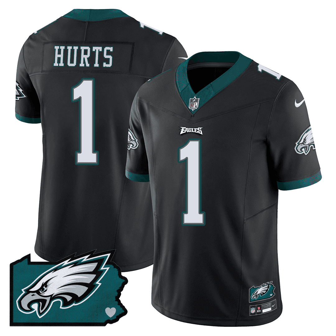 Jalen Hurts Men's Philadelphia Eagles Pennsylvania State Map Patch Black Jersey - All Stitched