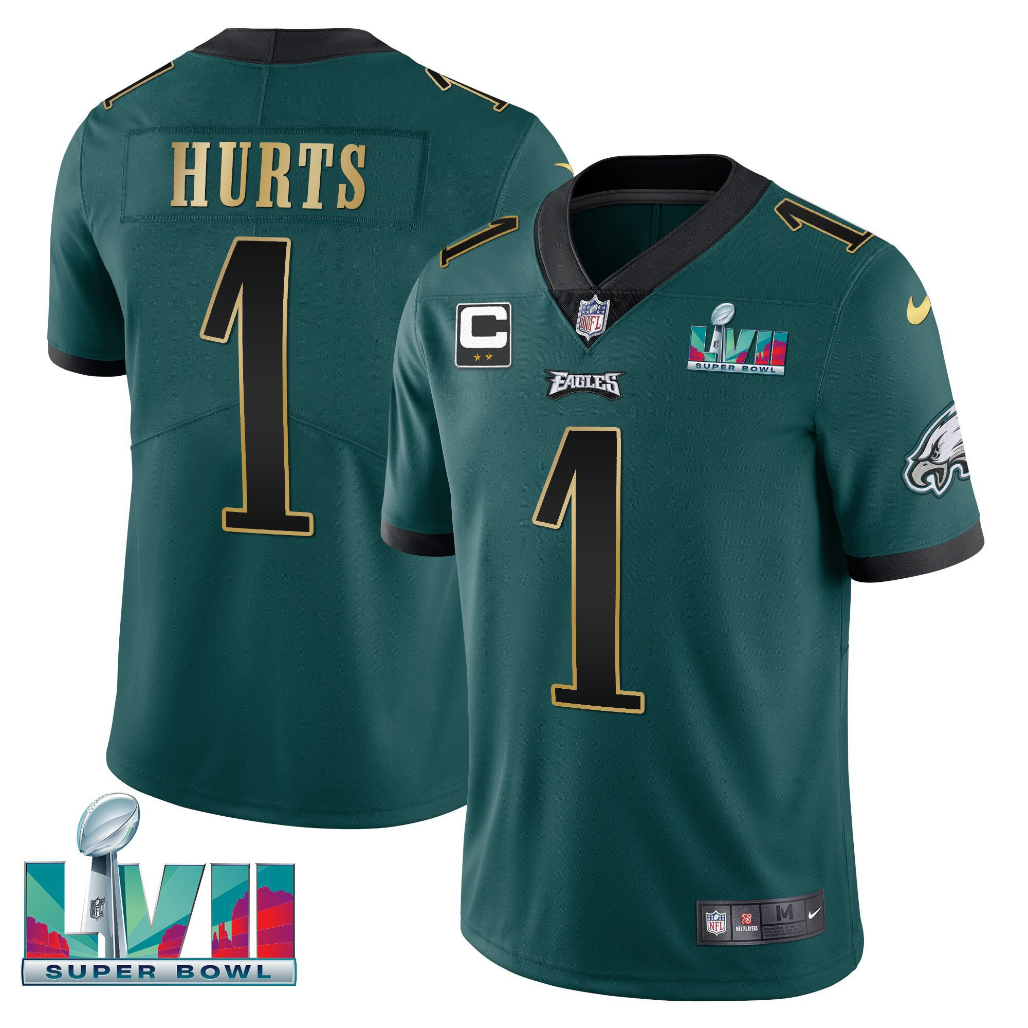 Jalen Hurts Men's Philadelphia Eagles Super Bowl Patch Vapor Green Gold Trim Jersey - All Stitched