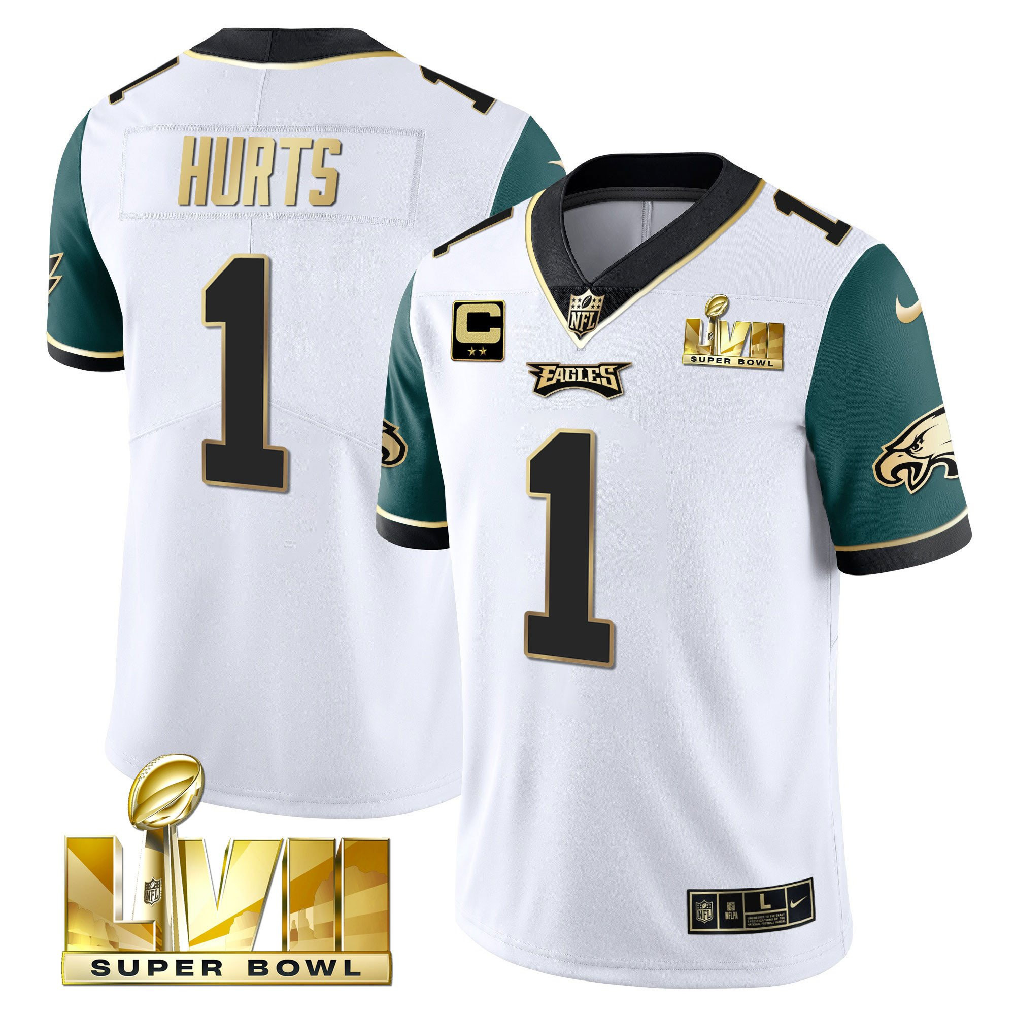 Jalen Hurts Men's Philadelphia Eagles Super Bowl Vapor Gold Midnight Green Sleeves Jersey - All Stitched