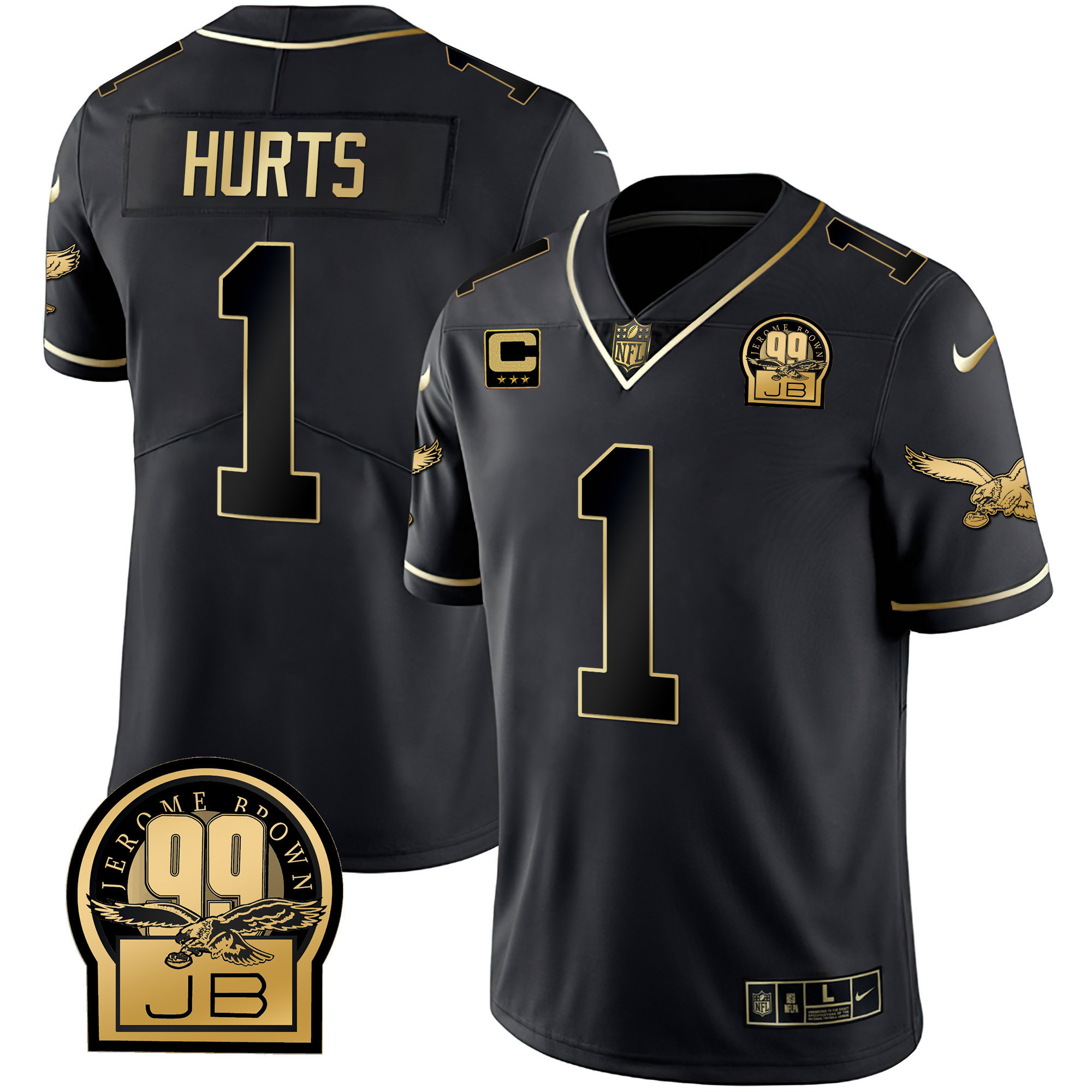 Jalen Hurts Philadelphia Eagles Jerome Brown Retired Patch Black Gold & Kelly Jersey - All Stitched