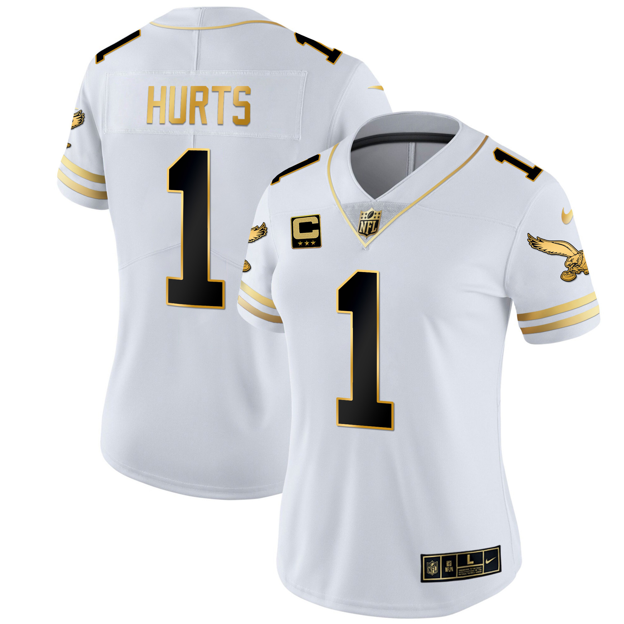 Jalen Hurts Women's Philadelphia Eagles Gold & Kelly Vapor V2 White Gold Jersey - All Stitched
