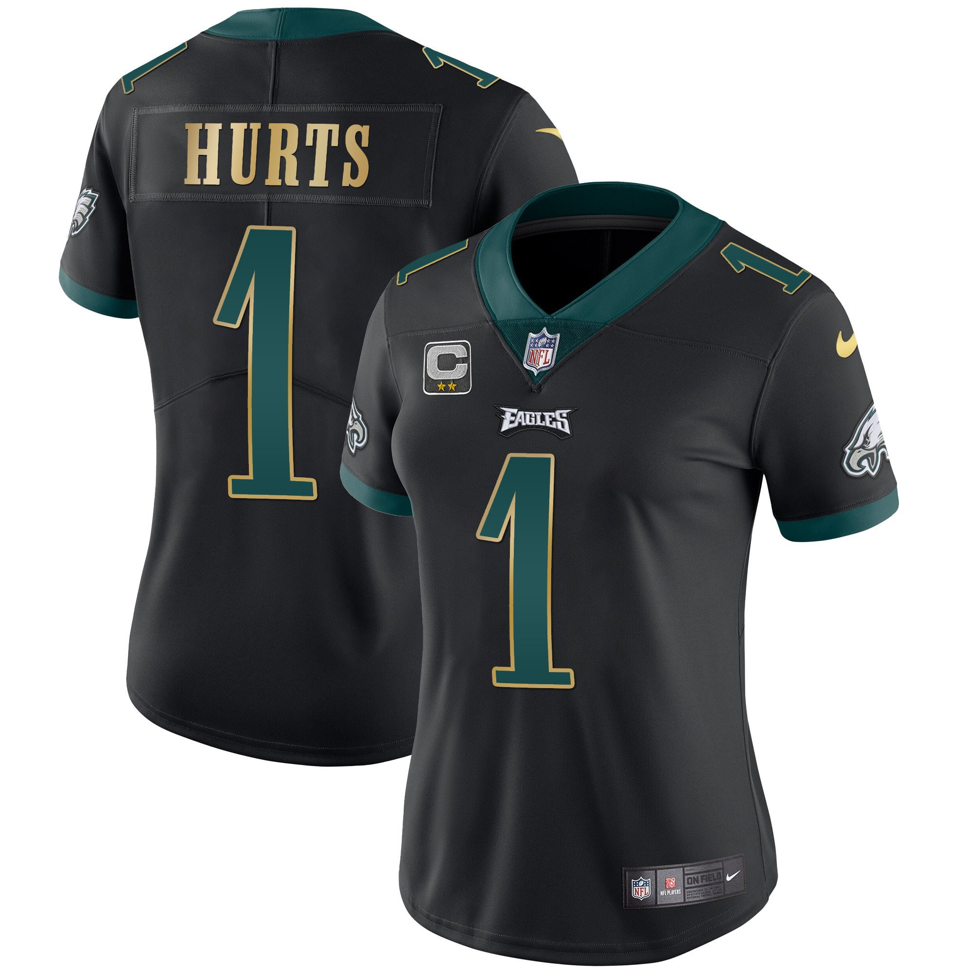 Jalen Hurts Women's Philadelphia Eagles Gold Trim Vapor Player Black Gold Trim Jersey - All Stitched
