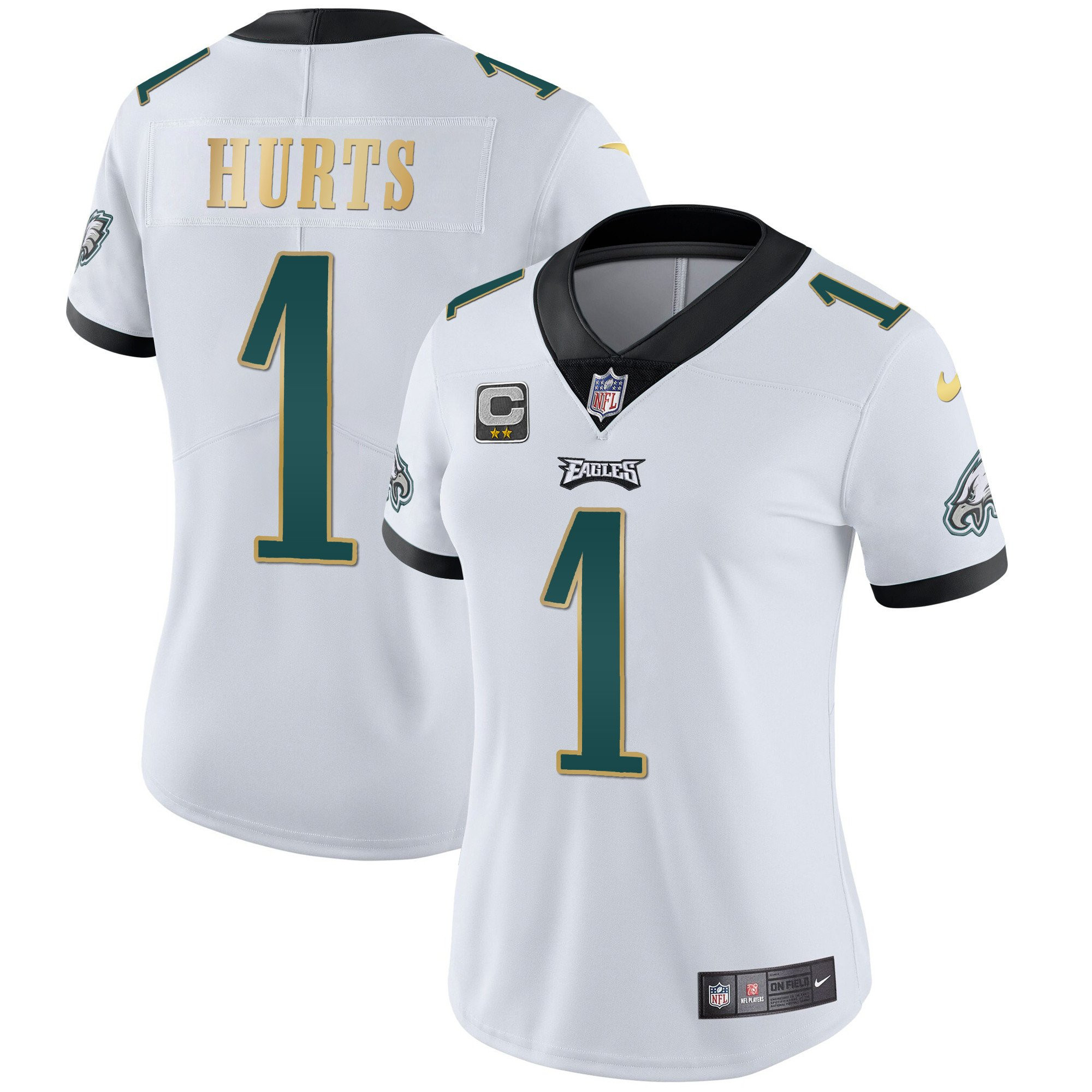 Jalen Hurts Women's Philadelphia Eagles Gold Trim Vapor Player White Gold Trim Jersey - All Stitched