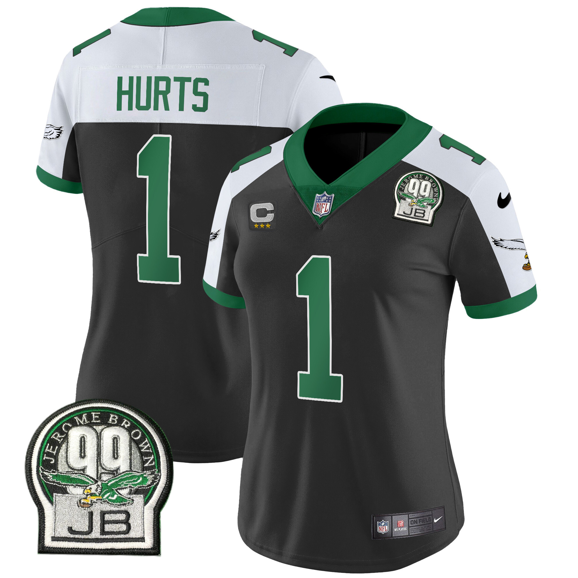 Jalen Hurts Women's Philadelphia Eagles Jerome Brown Patch Kelly Green Alternate V2 Black Alternate Jersey - All Stitched