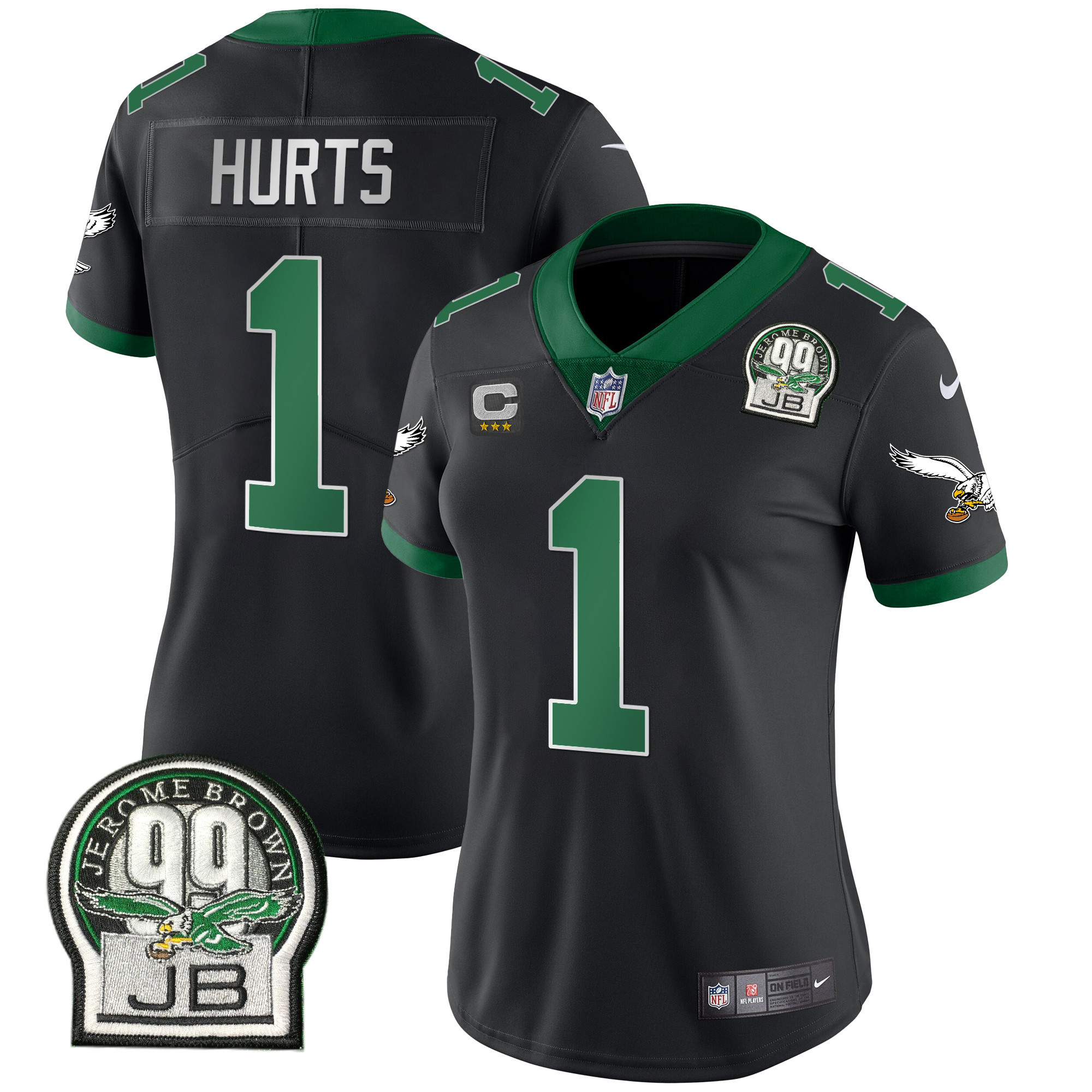 Jalen Hurts Women's Philadelphia Eagles Jerome Brown Patch Kelly Green Alternate V2 Black Jersey - All Stitched