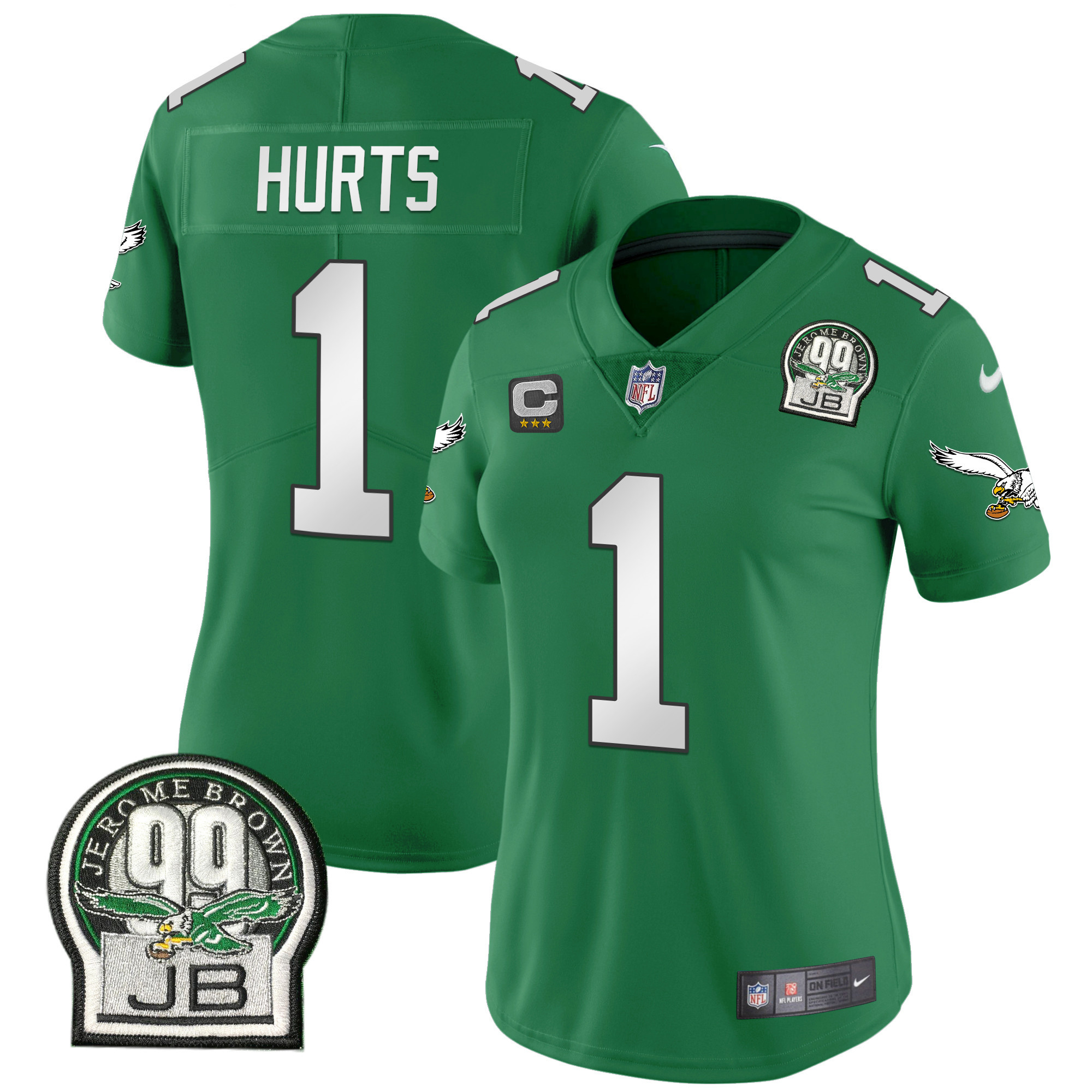 Jalen Hurts Women's Philadelphia Eagles Jerome Brown Patch Kelly Green Alternate V2 Jersey - All Stitched