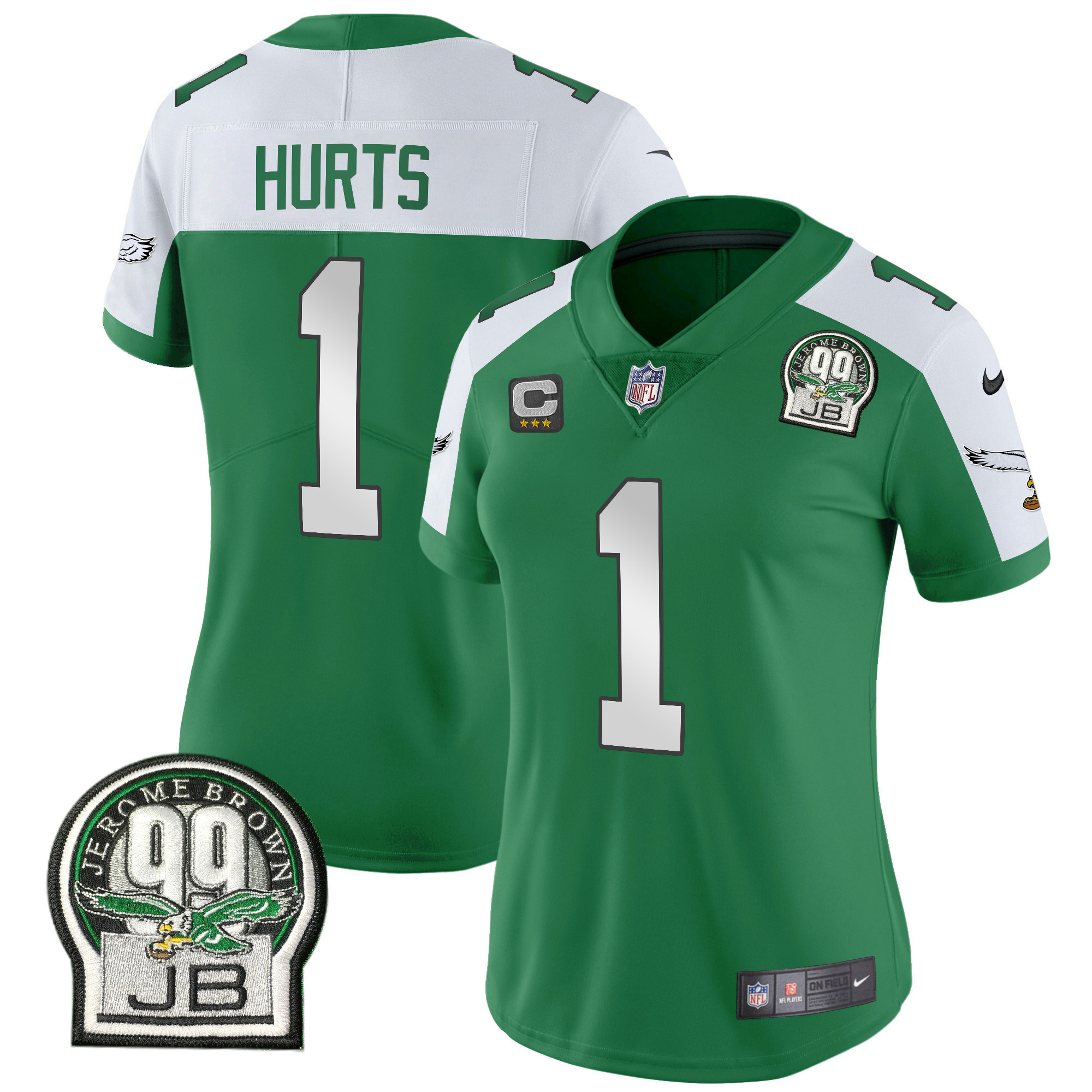 Jalen Hurts Women's Philadelphia Eagles Jerome Brown Patch Kelly Green Alternate V2 Kelly Alternate Jersey - All Stitched