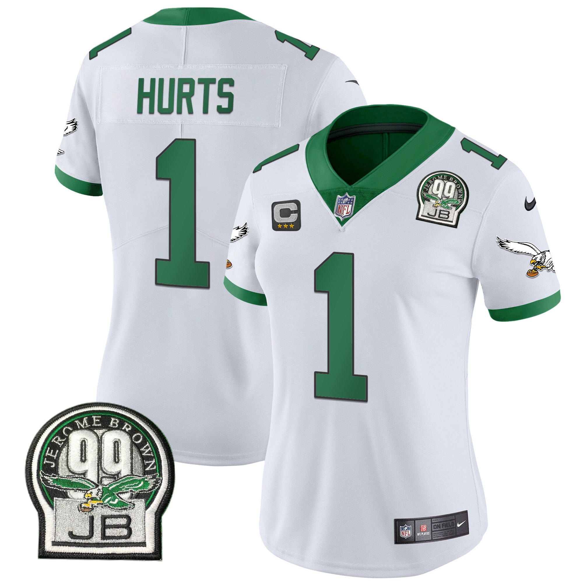Jalen Hurts Women's Philadelphia Eagles Jerome Brown Patch Kelly Green Alternate V2 Kelly White Jersey - All Stitched