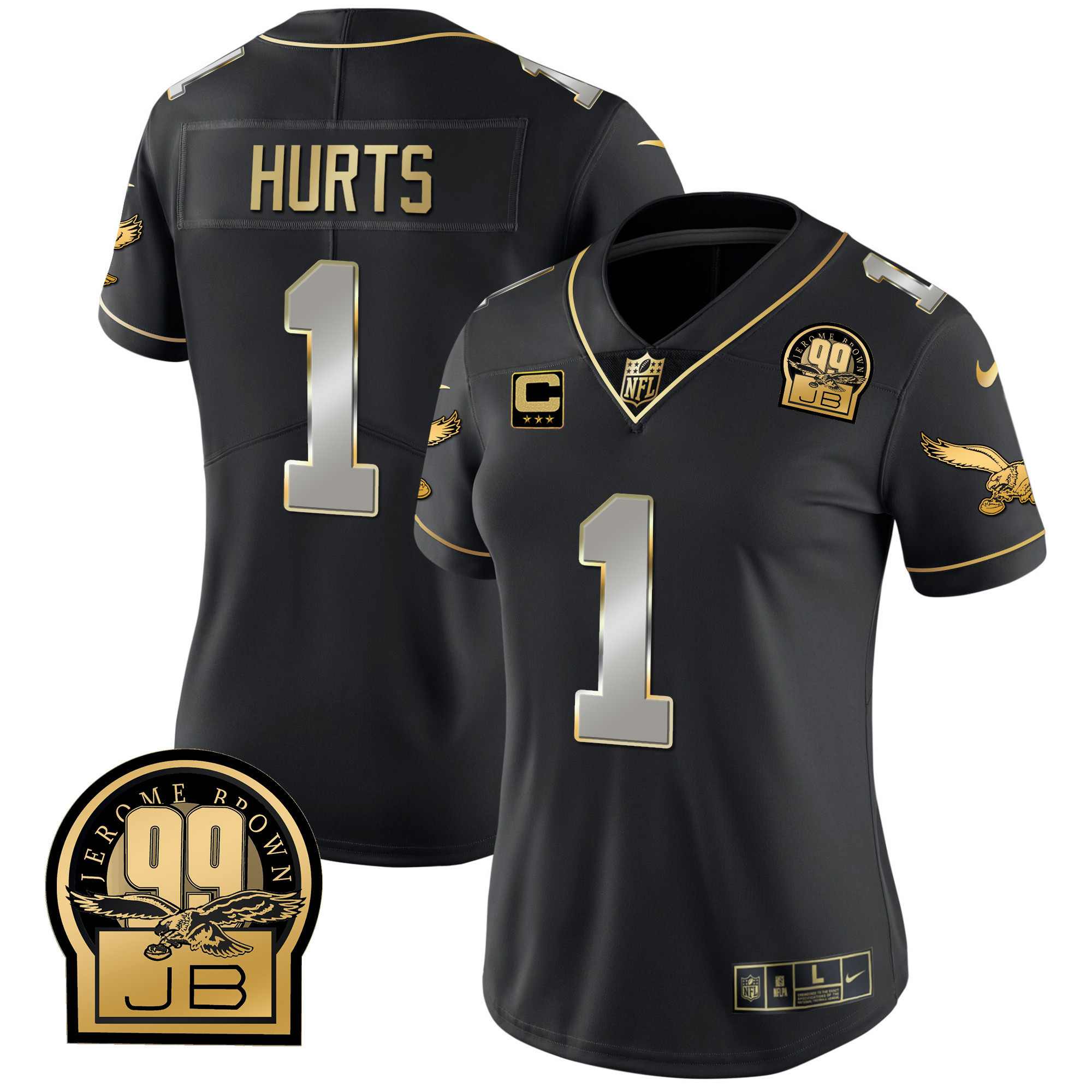 Jalen Hurts Women's Philadelphia Eagles Jerome Brown Retired Patch Gold & Kelly Black Limited Jersey - All Stitched