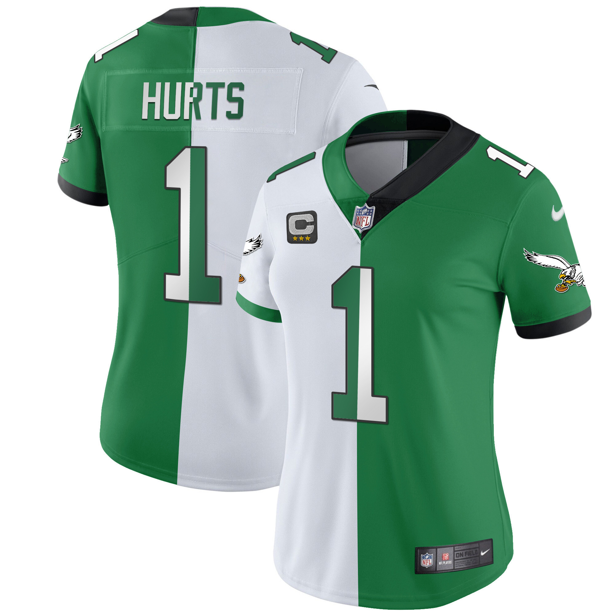 Jalen Hurts Women's Philadelphia Eagles Kelly Green Gold Split Jersey - All Stitched