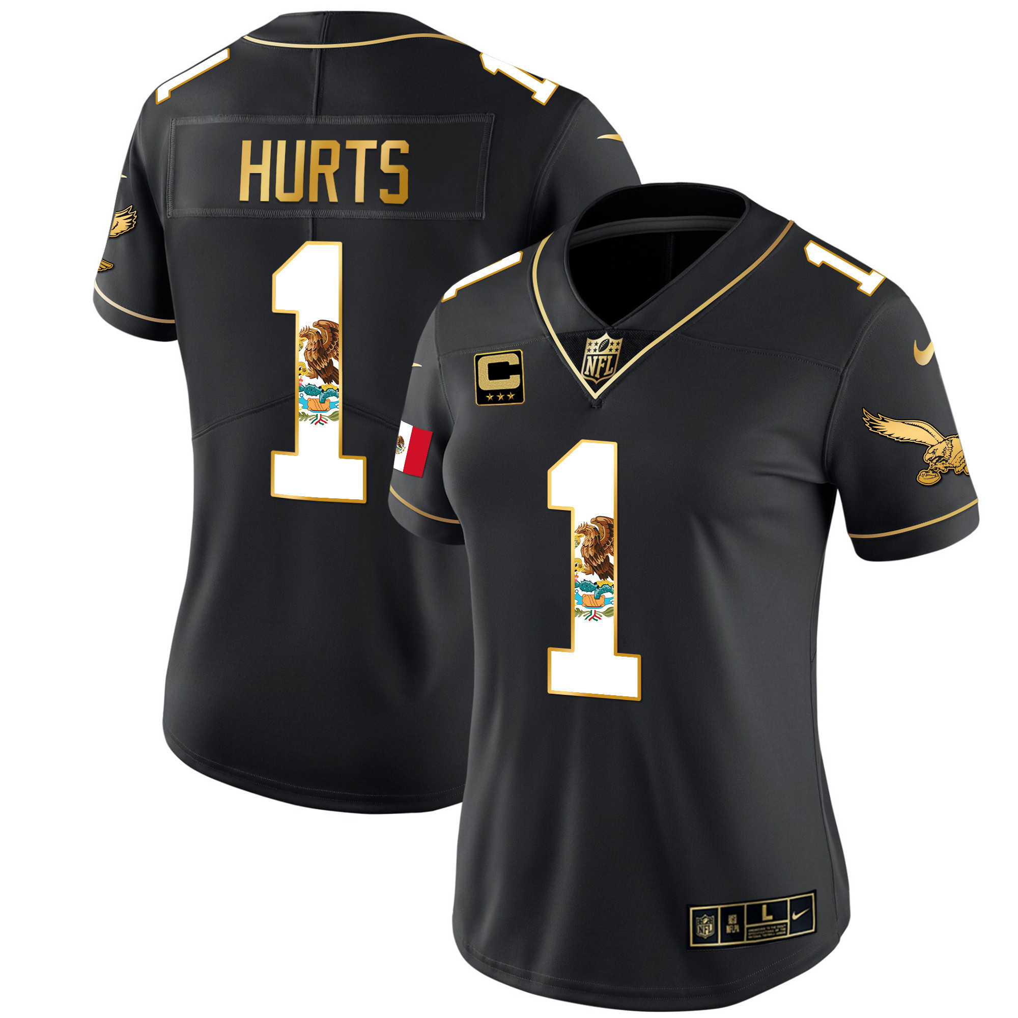 Jalen Hurts Women's Philadelphia Eagles Mexico Gold & Kelly Vapor Black Gold Jersey - All Stitched