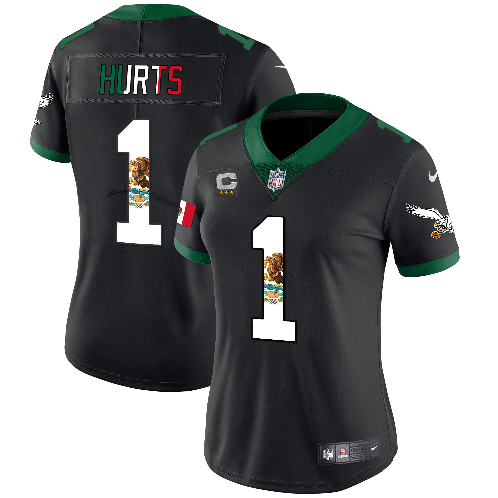 Jalen Hurts Women's Philadelphia Eagles Mexico Gold & Kelly Vapor Kelly Black Jersey - All Stitched