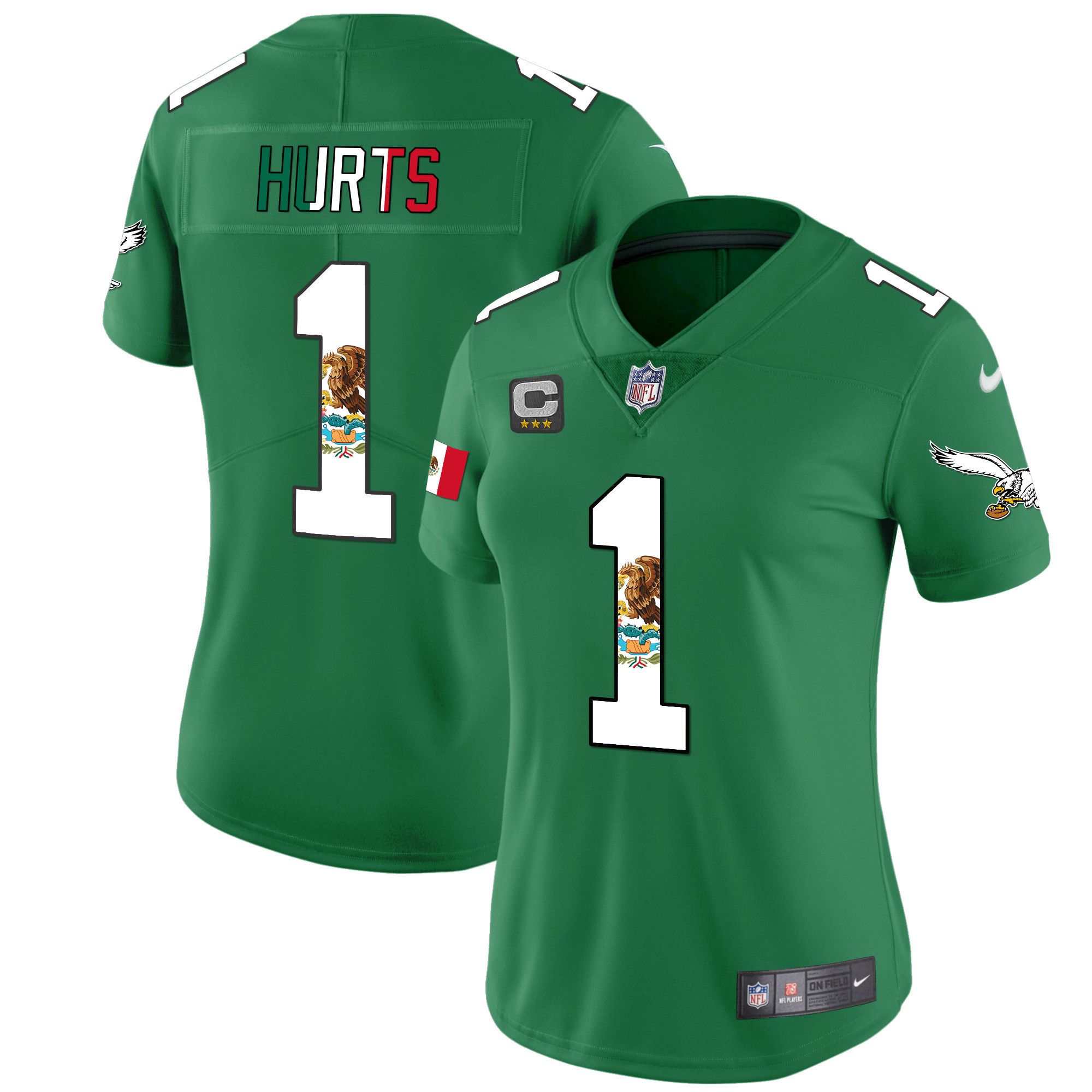 Jalen Hurts Women's Philadelphia Eagles Mexico Gold & Kelly Vapor Kelly Green Jersey - All Stitched