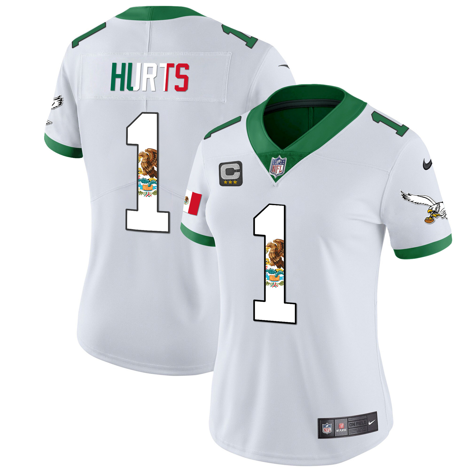 Jalen Hurts Women's Philadelphia Eagles Mexico Gold & Kelly Vapor Kelly White Jersey - All Stitched