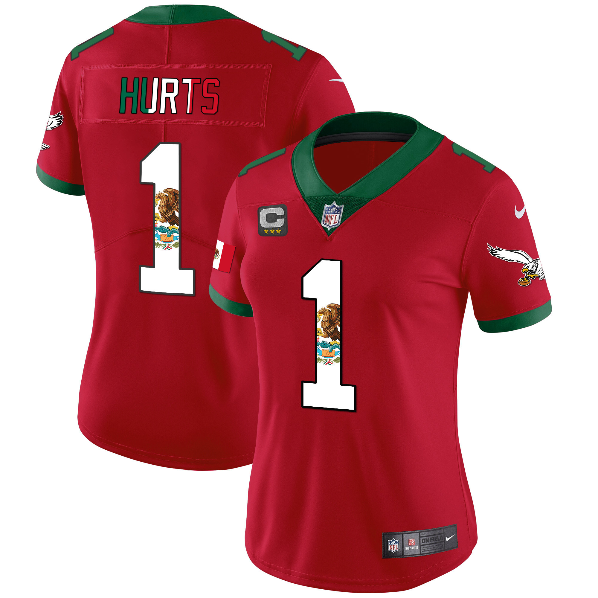 Jalen Hurts Women's Philadelphia Eagles Mexico Gold & Kelly Vapor Red Jersey - All Stitched