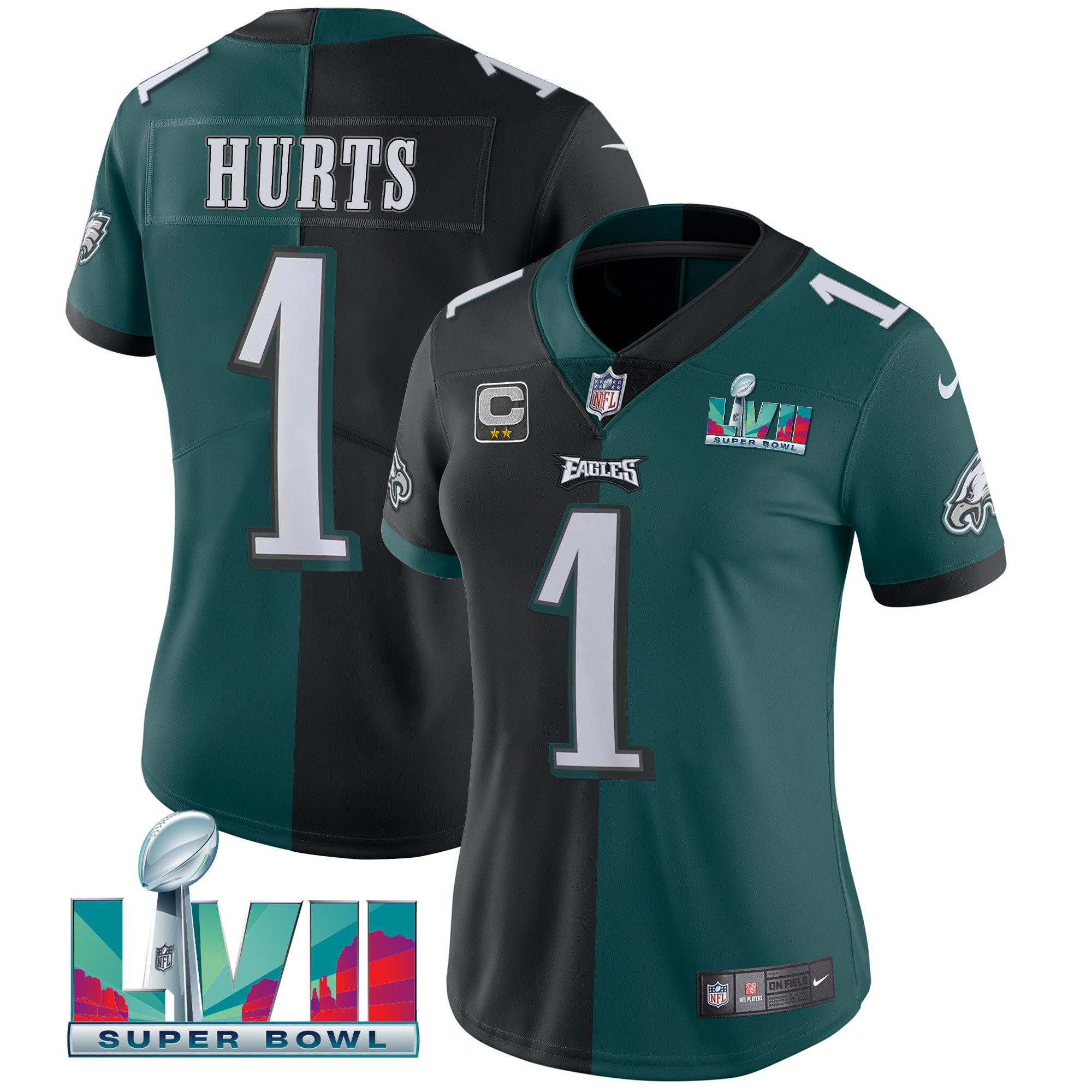 Jalen Hurts Women's Philadelphia Eagles Super Bowl LVII Split Split Black Green Jersey - All Stitched