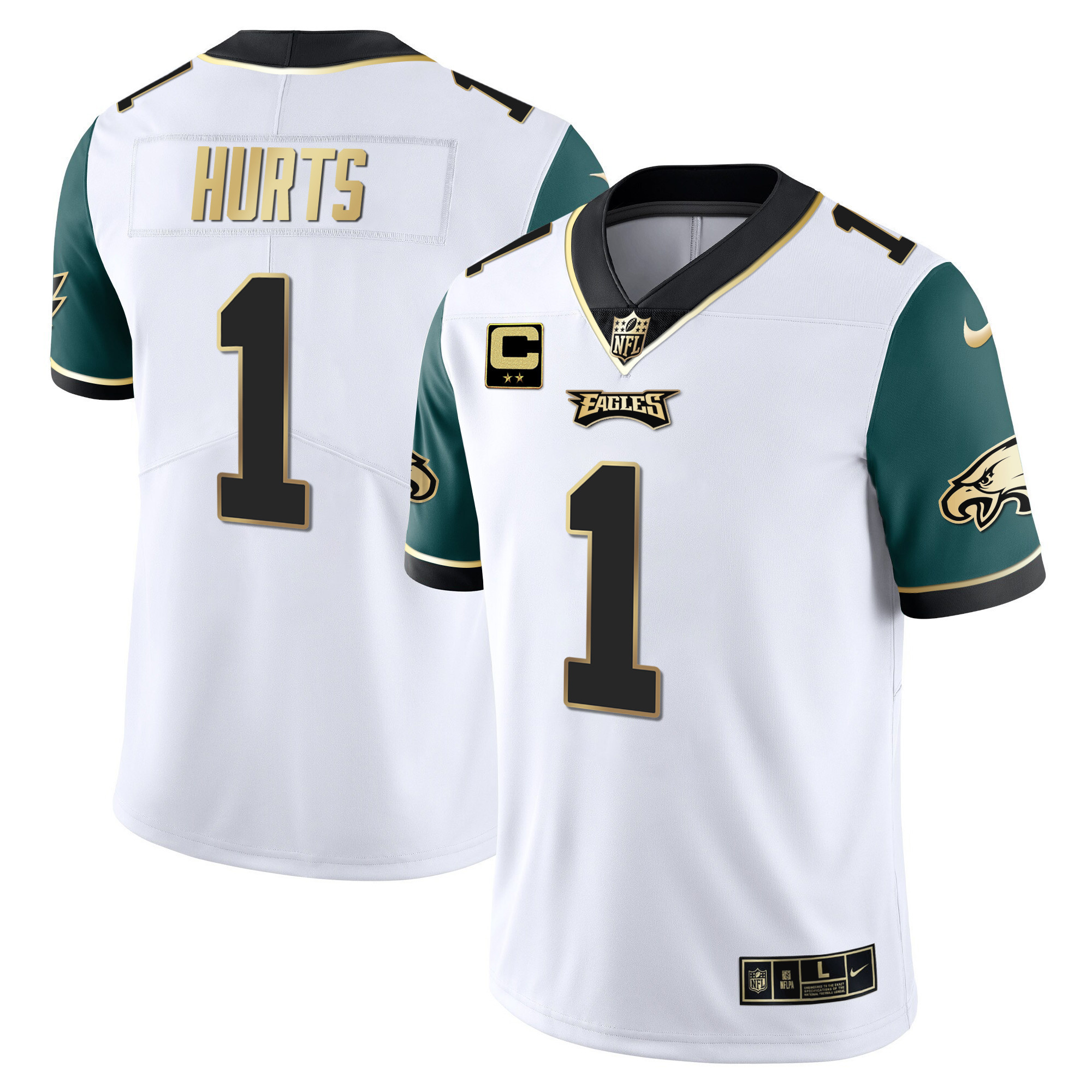 Jalen Hurts Youth's Philadelphia Eagles Gold & Split Vapor Midnight Green Sleeves Jersey - All Stitched