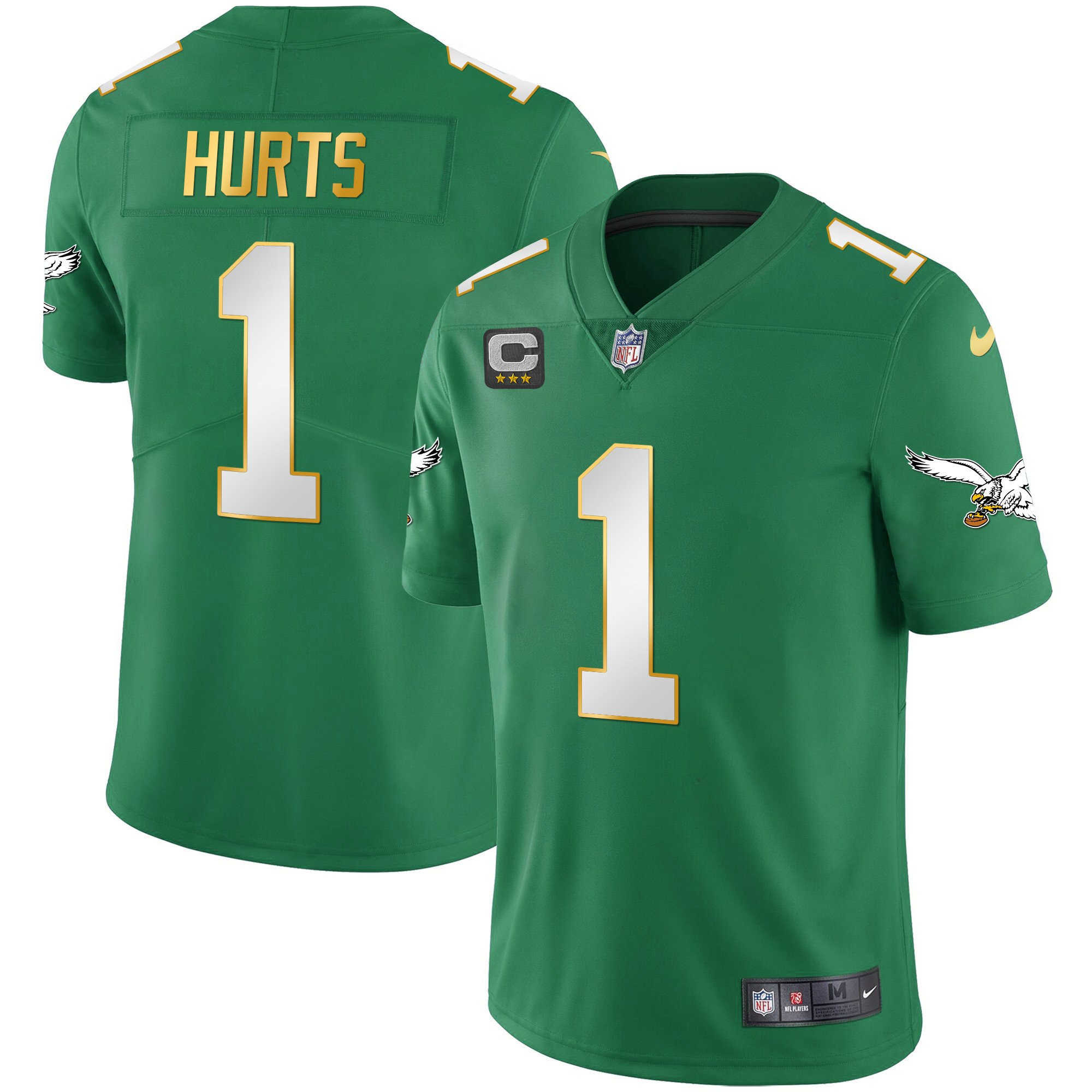 Jalen Hurts Youth's Philadelphia Eagles Kelly Green Gold Gold Trim Jersey - All Stitched