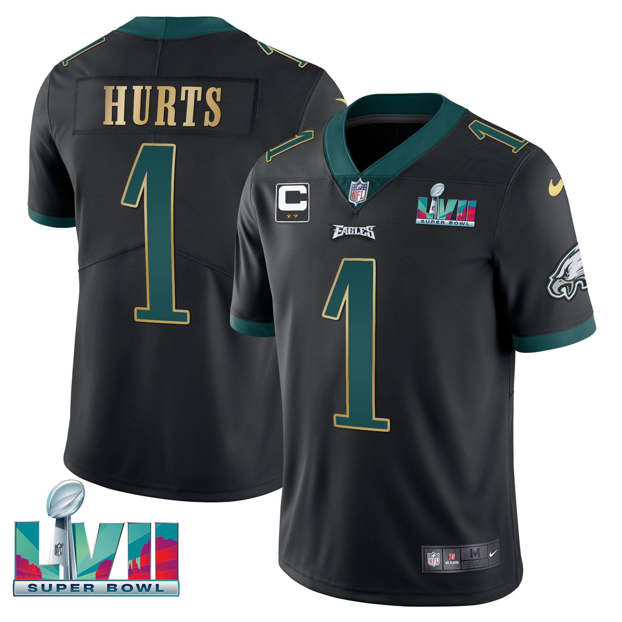 Jalen Hurts Youth's Philadelphia Eagles Super Bowl Patch Vapor Black Gold Trim Jersey - All Stitched