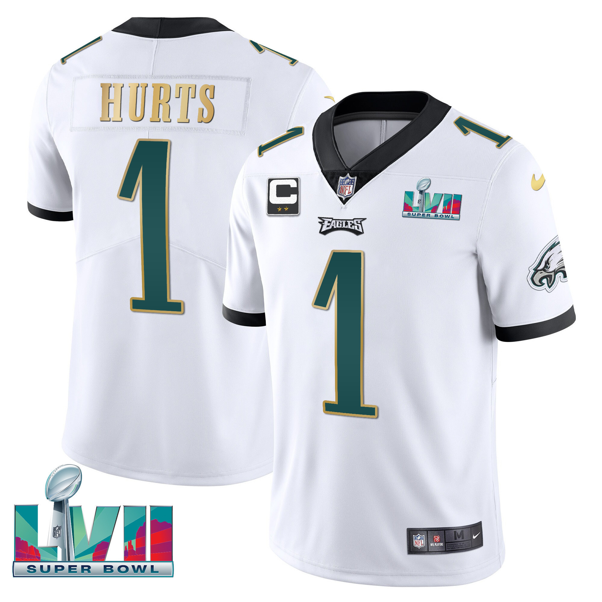 Jalen Hurts Youth's Philadelphia Eagles Super Bowl Patch Vapor White Gold Trim Jersey - All Stitched