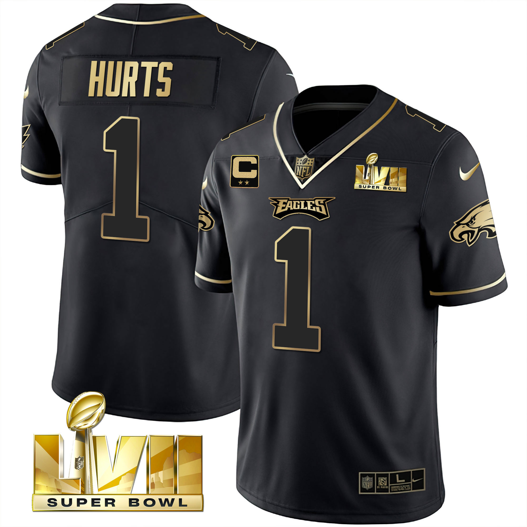 Jalen Hurts Youth's Philadelphia Eagles Super Bowl Vapor Gold Black Gold Jersey - All Stitched